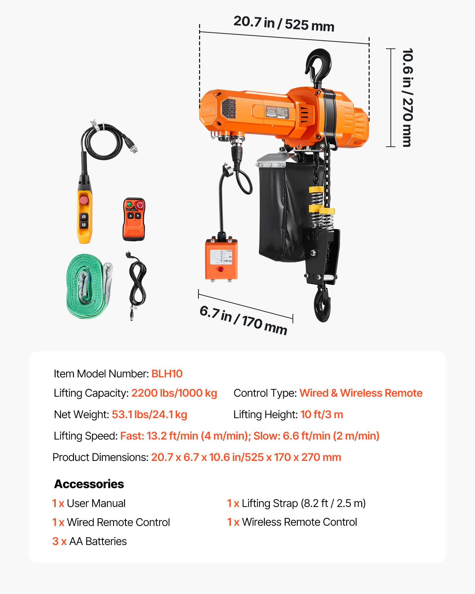 VEVOR elektrische kettingtakel 1000 kg, 3 m hefhoogte, 230 V eenfasige bovenloopkraan met 100 m draadloze en 2,4 m bekabelde afstandsbediening, noodstop, 2-in-1 elektrische kettingtakel voor fabrieken, magazijnen en garages.