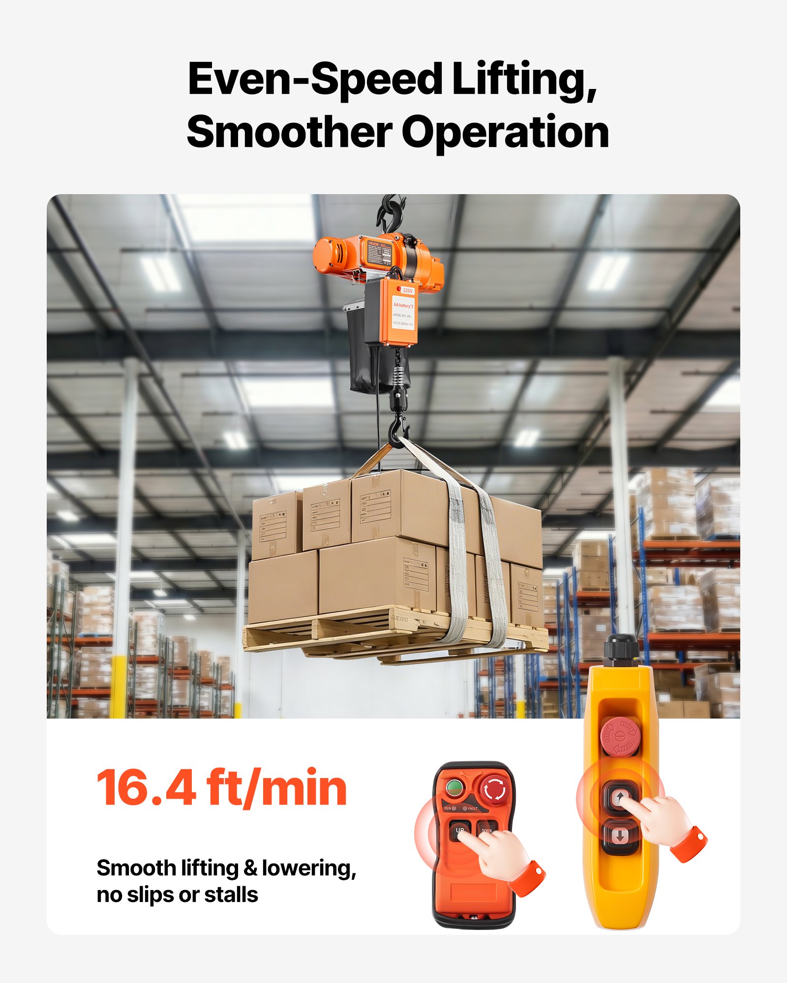 VEVOR elektrische kettingtakel 500 kg, 6 m hefhoogte, 230 V eenfasige bovenloopkraan met 100 m draadloze en 4,5 m kabelafstandsbediening, noodstop, 2-in-1 elektrische kettingtakel voor fabrieken, magazijnen en garages.