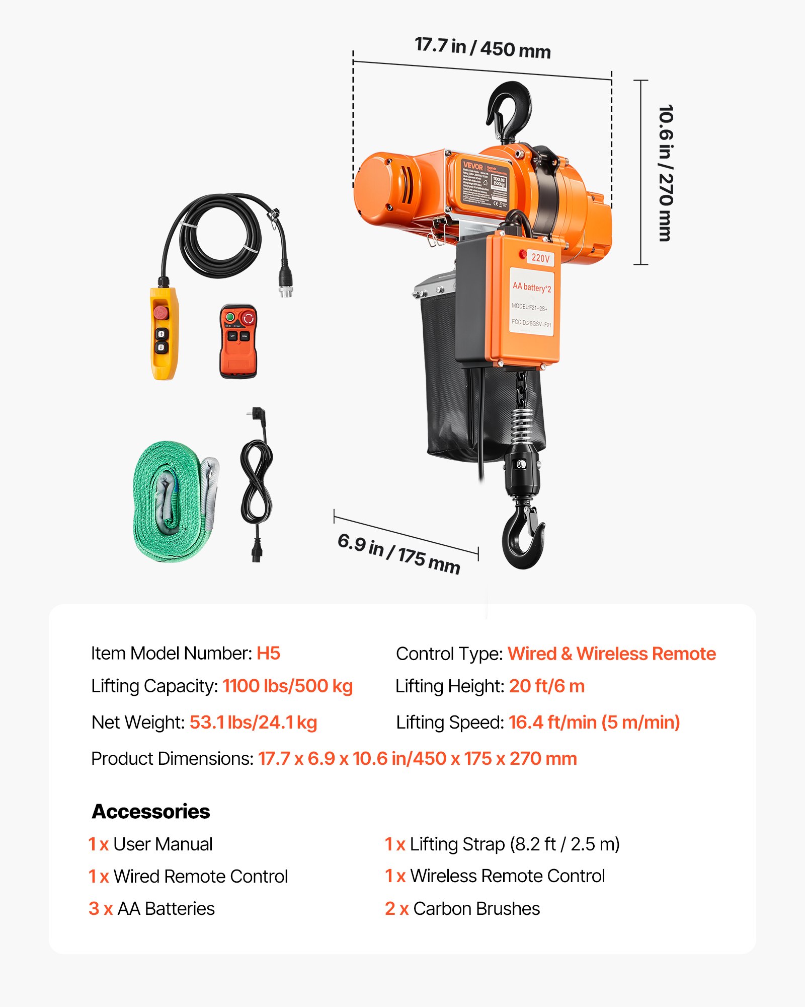 VEVOR elektrische kettingtakel 500 kg, 6 m hefhoogte, 230 V eenfasige bovenloopkraan met 100 m draadloze en 4,5 m kabelafstandsbediening, noodstop, 2-in-1 elektrische kettingtakel voor fabrieken, magazijnen en garages.