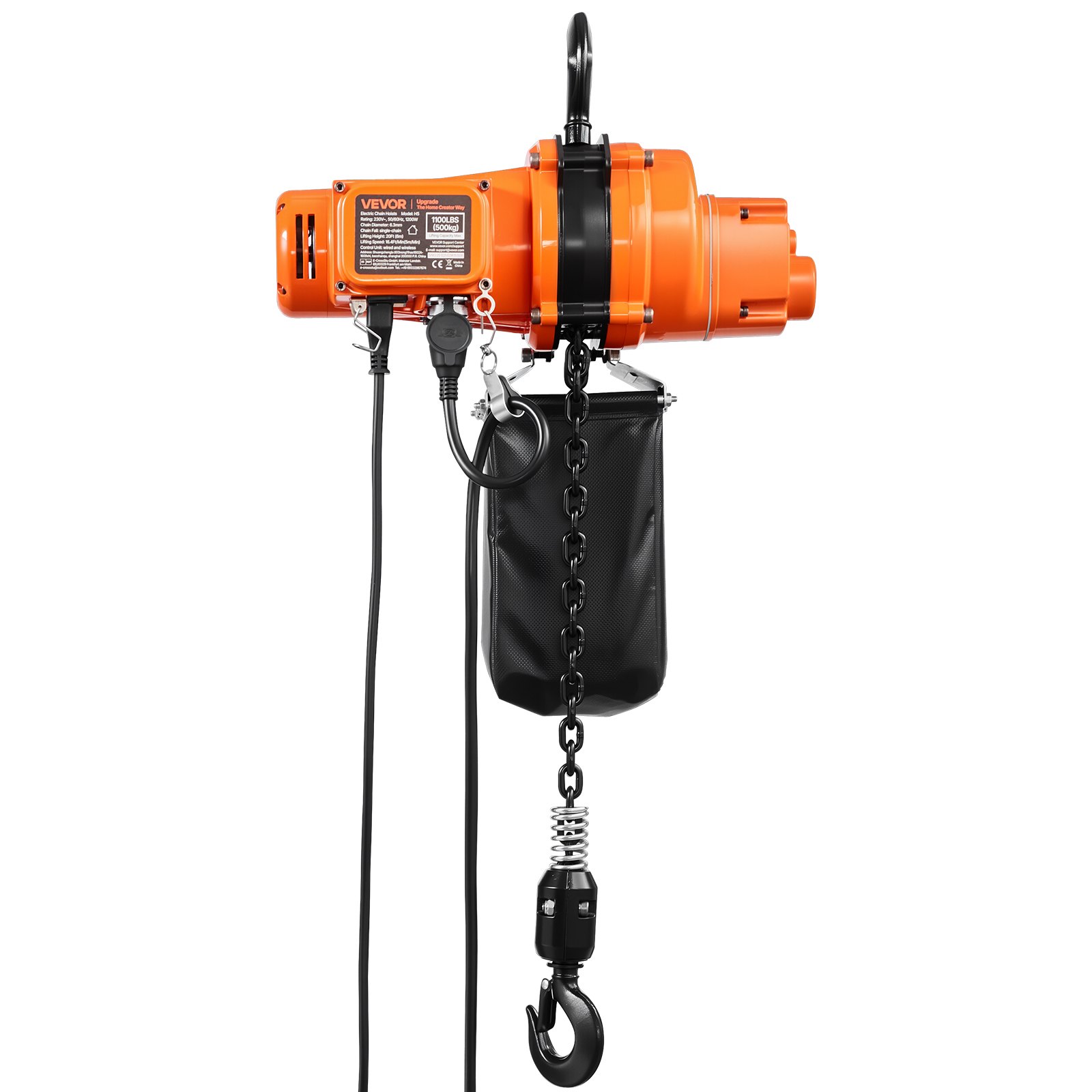 VEVOR elektrische kettingtakel 500 kg, 6 m hefhoogte, 230 V eenfasige bovenloopkraan met 100 m draadloze en 4,5 m kabelafstandsbediening, noodstop, 2-in-1 elektrische kettingtakel voor fabrieken, magazijnen en garages.