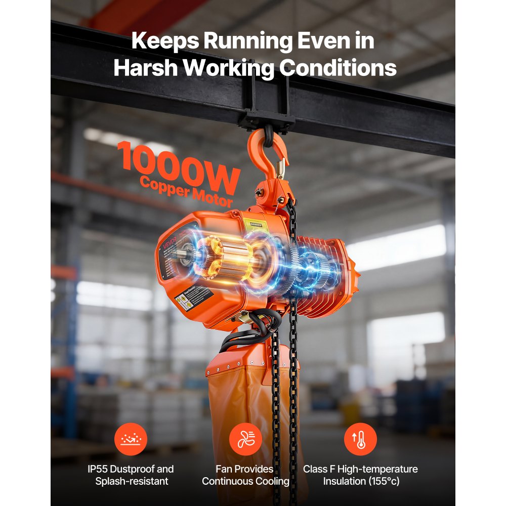VEVOR elektrische kettingtakel 1000 kg, 6 m hefhoogte, 3-fasen bovenloopkraan met 100 m radiografische en 4,5 m kabelafstandsbediening, G80 dubbele ketting, elektrische kettingtakel voor fabrieken, magazijnen en garages.