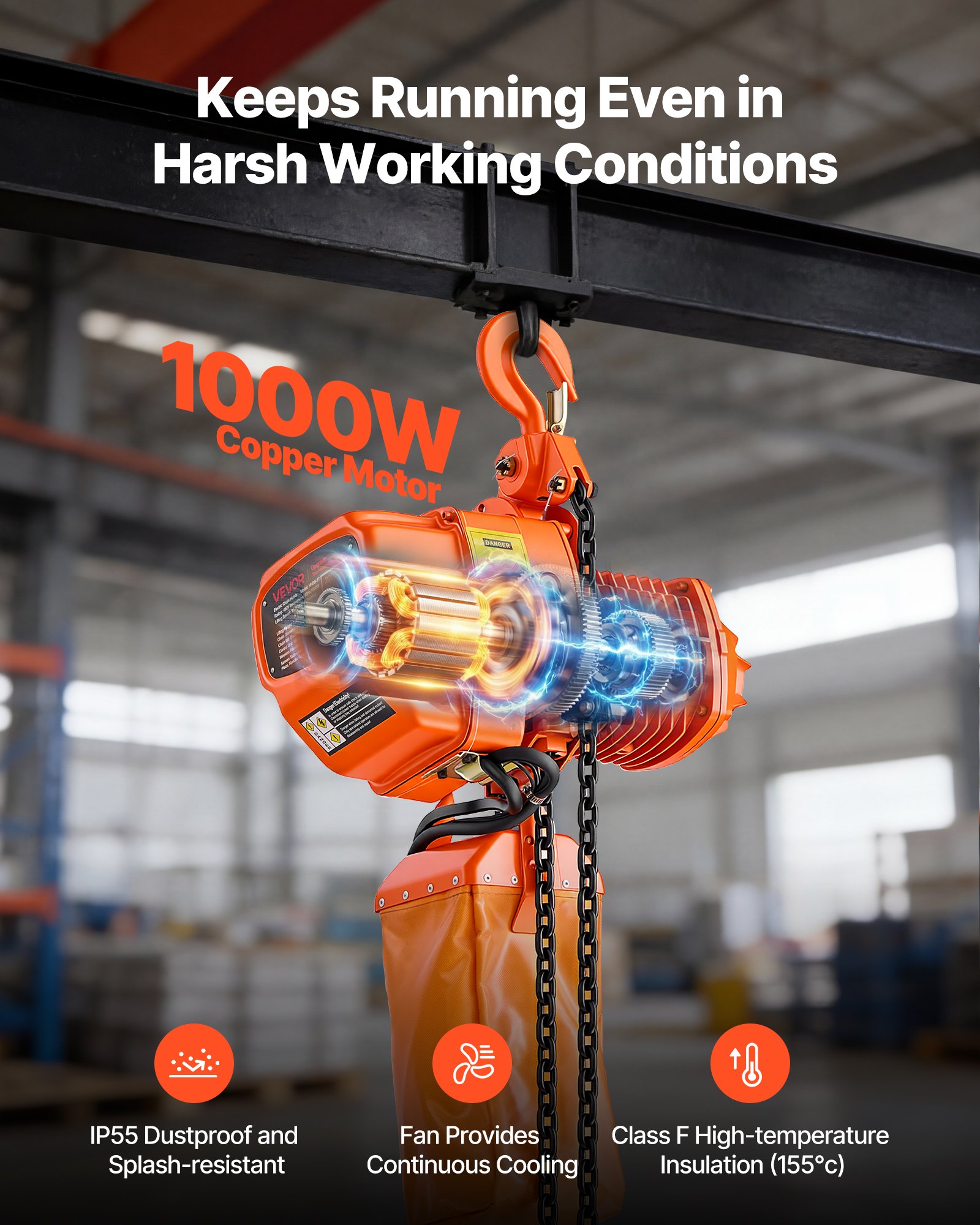 VEVOR 1000 kg Electric Chain Hoist, 6 m Lifting Height, Three-Phase Overhead Crane with 100 m Wireless & 4.5 m Wired Remote Control, Double G80 Chain Hoist for Factories, Warehouses, Garages