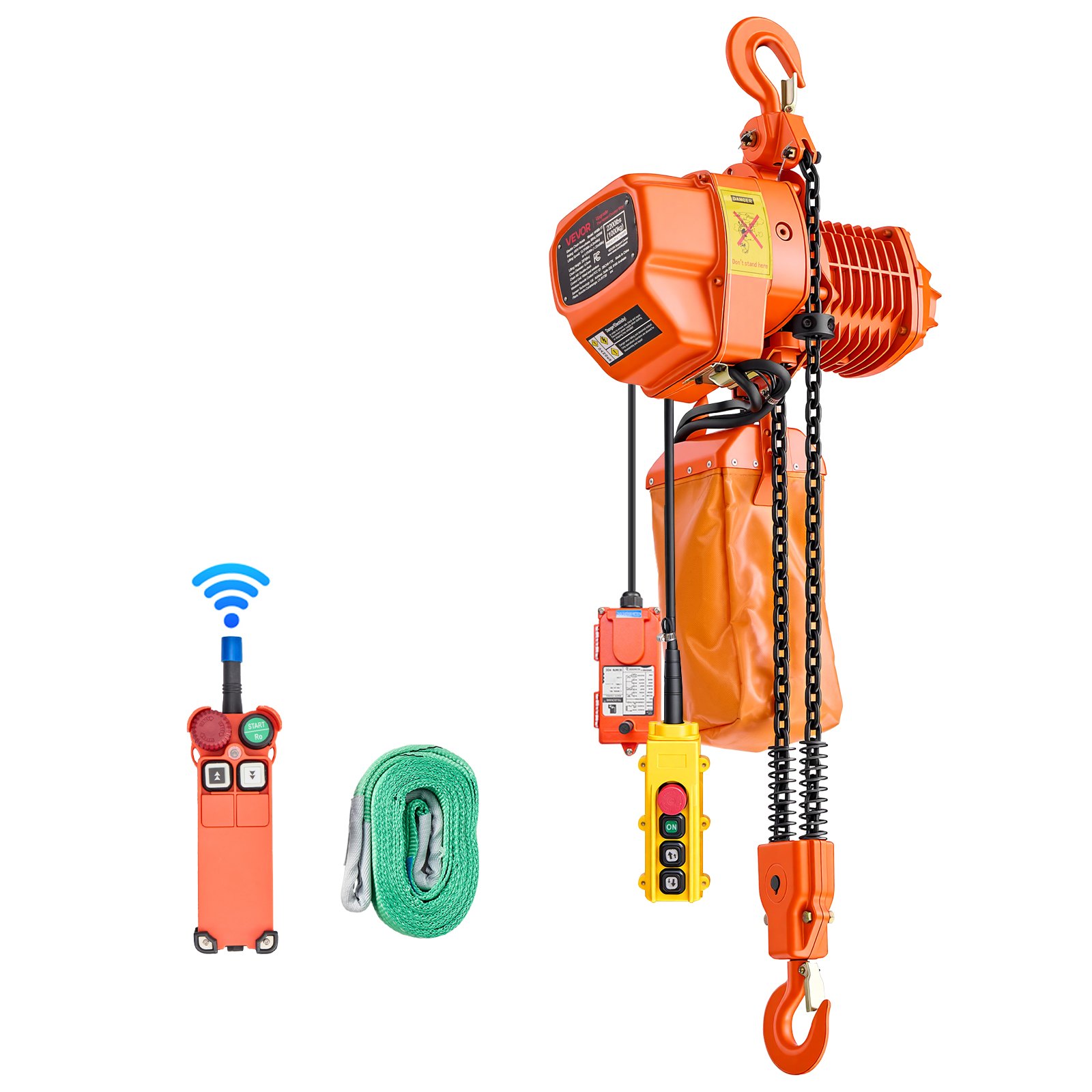 VEVOR elektrische kettingtakel 1000 kg, 6 m hefhoogte, 3-fasen bovenloopkraan met 100 m radiografische en 4,5 m kabelafstandsbediening, G80 dubbele ketting, elektrische kettingtakel voor fabrieken, magazijnen en garages.