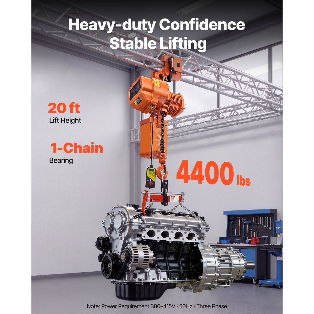 VEVOR elektrische kettingtakel 2000 kg, 6 m hefhoogte, driefasige brugkraan met 100 m radiografische afstandsbediening, G100 ketting en noodstop, elektrische kettingtakel voor fabrieken, magazijnen en garages.