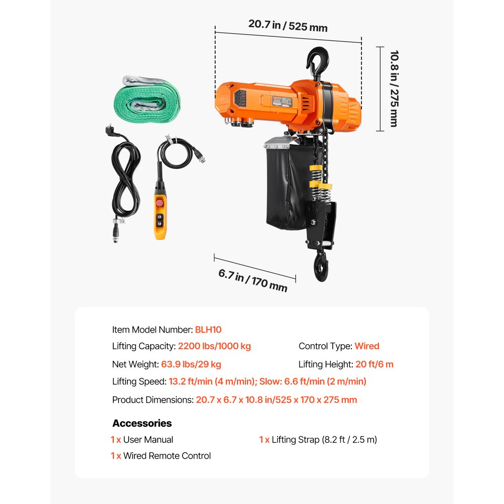 VEVOR elektrische kettingtakel 1000 kg, 6 m hefhoogte, 230 V eenfasige bovenloopkraan met 4,5 m kabel, afstandsbediening, G100 ketting, noodstop, elektrische kettingtakel voor fabrieken, magazijnen en garages.