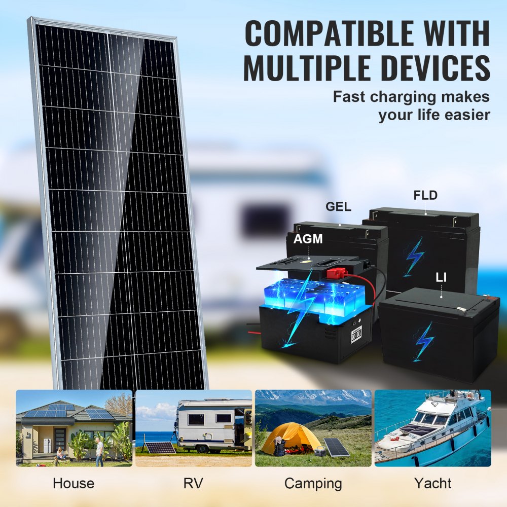 VEVOR 100W zonnepaneelset 12V monokristallijn zonnepaneel plus 8,33A laadregelaar Zonnesysteem Conversiepercentage van 23% Compatibel met AGM-, GEL-, FLD- en LI-accu's Ideaal voor campers Jachten Thuis