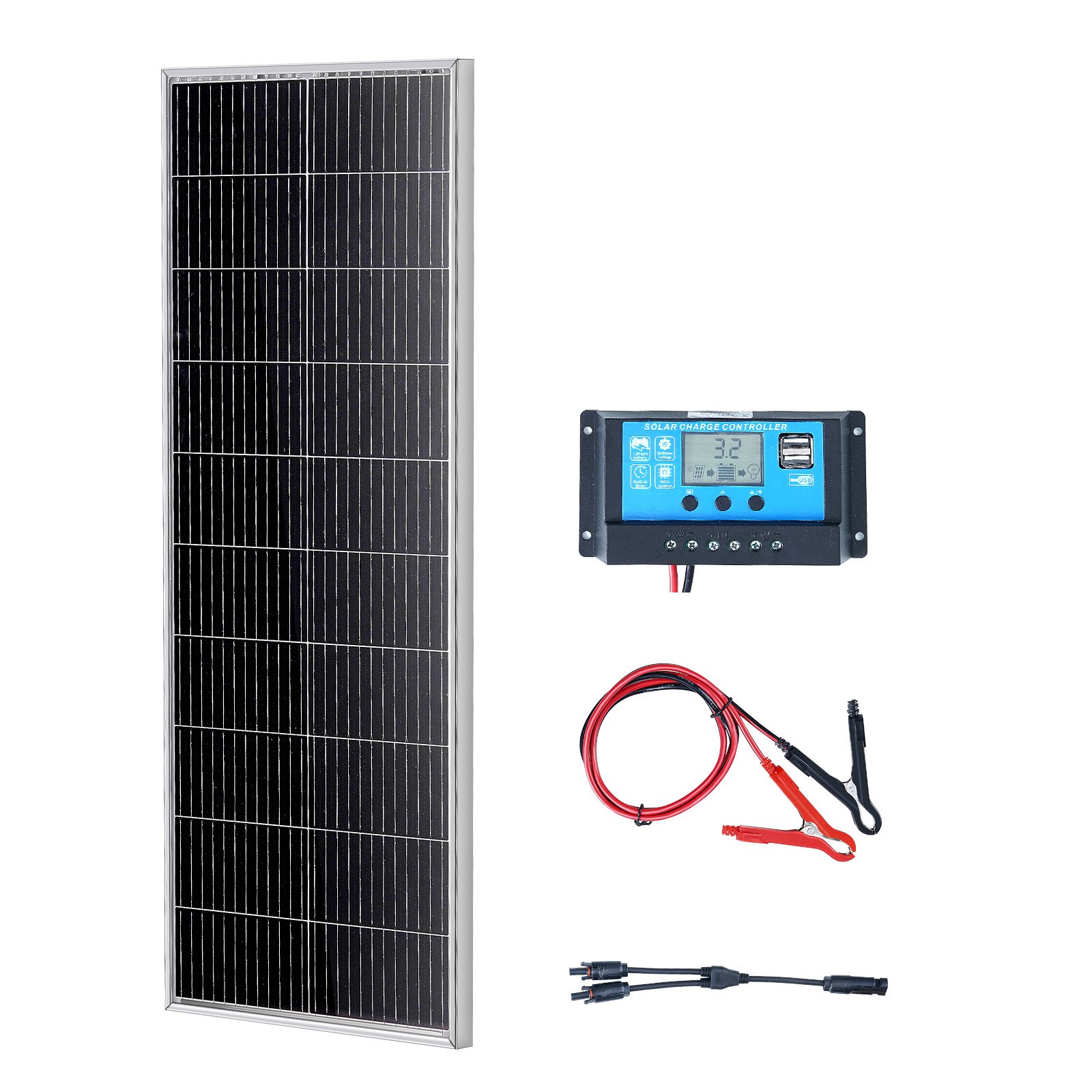 VEVOR 100W zonnepaneelset 12V monokristallijn zonnepaneel plus 8,33A laadregelaar Zonnesysteem Conversiepercentage van 23% Compatibel met AGM-, GEL-, FLD- en LI-accu's Ideaal voor campers Jachten Thuis