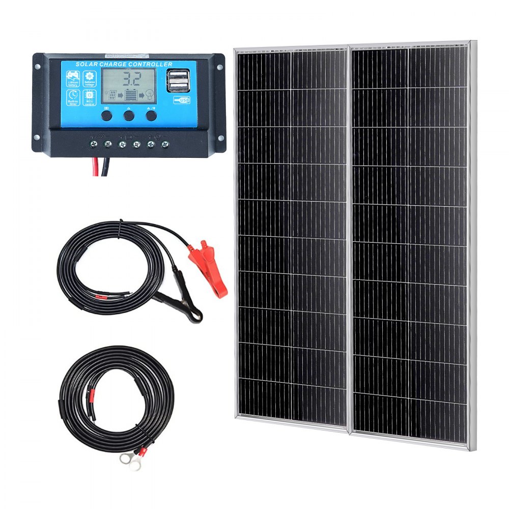 VEVOR 200W zonnepaneelset van 2 12V monokristallijne zonnemodules plus laadregelaar 16,66A Zonnesysteem conversiepercentage van 23% Compatibel met AGM-, GEL-, FLD- en LI-accu's Ideaal voor campers, jachten en caravans