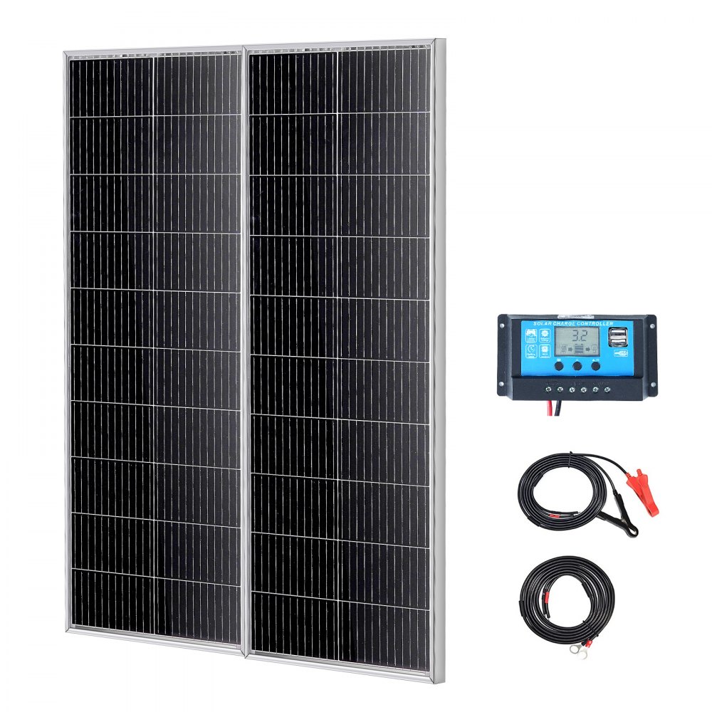 VEVOR 200W zonnepaneelset van 2 12V monokristallijne zonnemodules plus laadregelaar 16,66A Zonnesysteem conversiepercentage van 23% Compatibel met AGM-, GEL-, FLD- en LI-accu's Ideaal voor campers, jachten en caravans