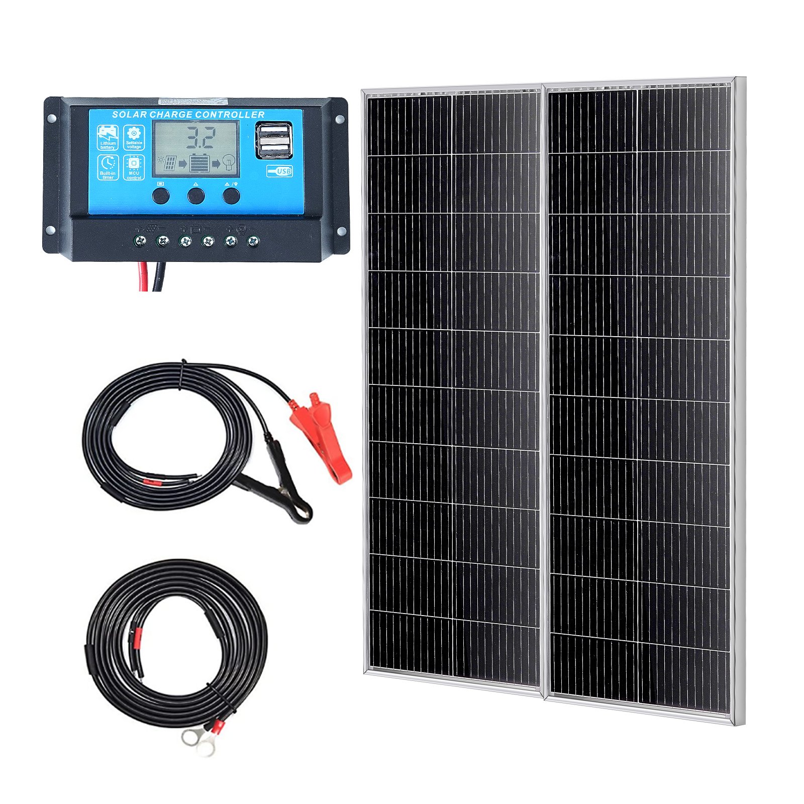 VEVOR 200W zonnepaneelset van 2 12V monokristallijne zonnemodules plus laadregelaar 16,66A Zonnesysteem conversiepercentage van 23% Compatibel met AGM-, GEL-, FLD- en LI-accu's Ideaal voor campers, jachten en caravans