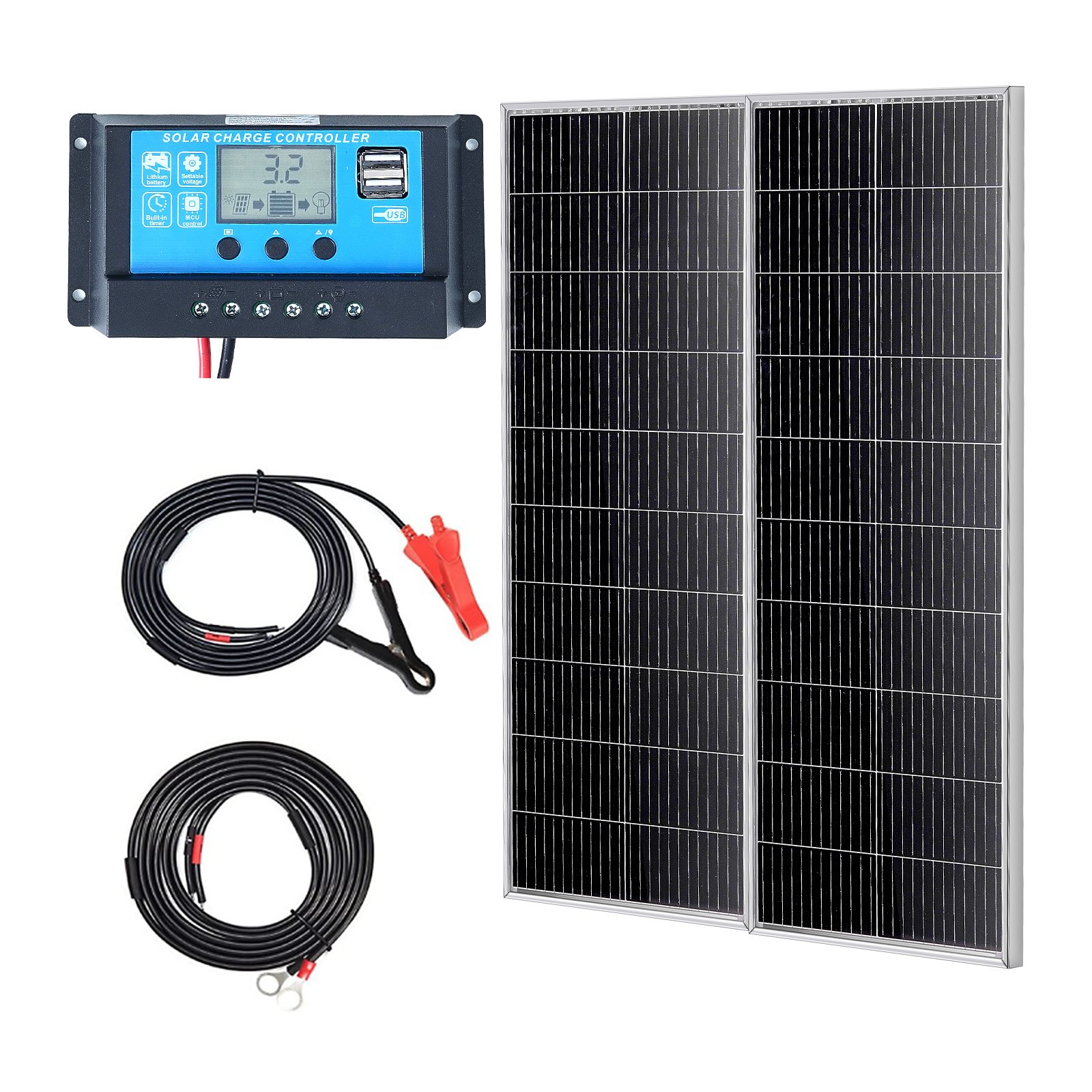 VEVOR 200W zonnepaneelset van 2 12V monokristallijne zonnemodules plus laadregelaar 16,66A Zonnesysteem conversiepercentage van 23% Compatibel met AGM-, GEL-, FLD- en LI-accu's Ideaal voor campers, jachten en caravans
