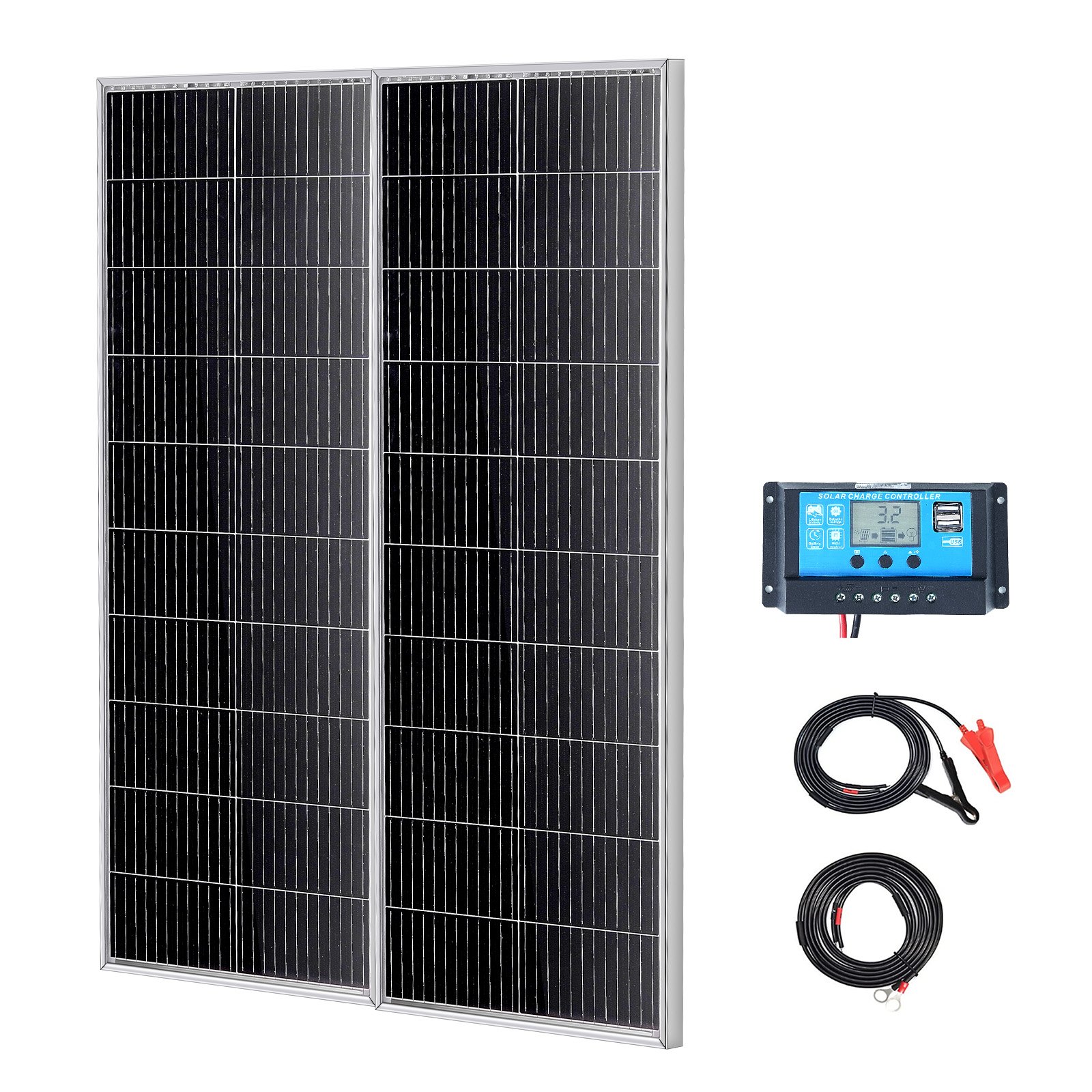 VEVOR 200W zonnepaneelset van 2 12V monokristallijne zonnemodules plus laadregelaar 16,66A Zonnesysteem conversiepercentage van 23% Compatibel met AGM-, GEL-, FLD- en LI-accu's Ideaal voor campers, jachten en caravans