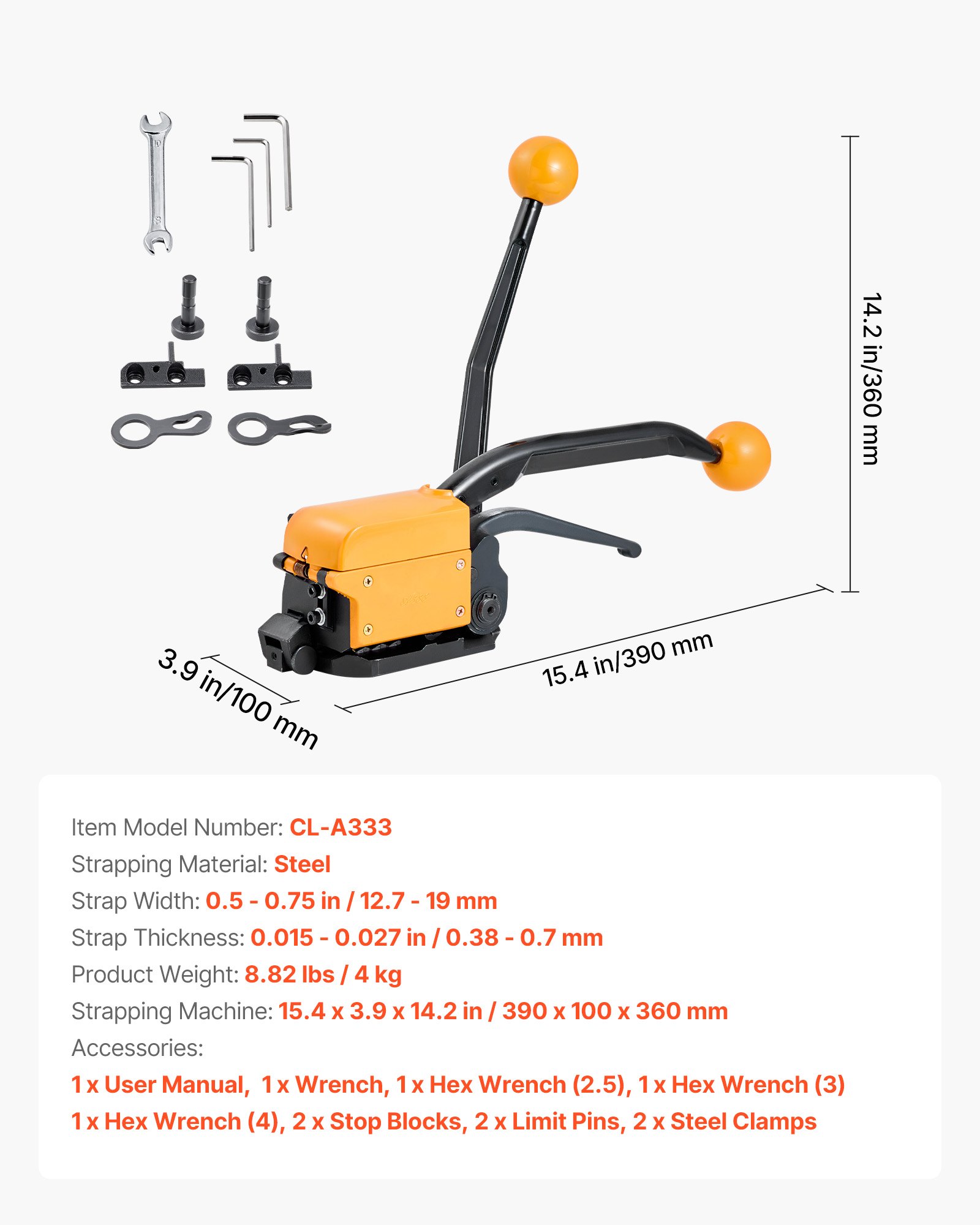 VEVOR stalen omsnoeringsmachine voor max. 19 mm breedte, 4-in-1 metalen omsnoeringsmachine voor spannen, krimpen, snijden en sealen, handmatige stalen omsnoeringsmachine voor verpakken en transport
