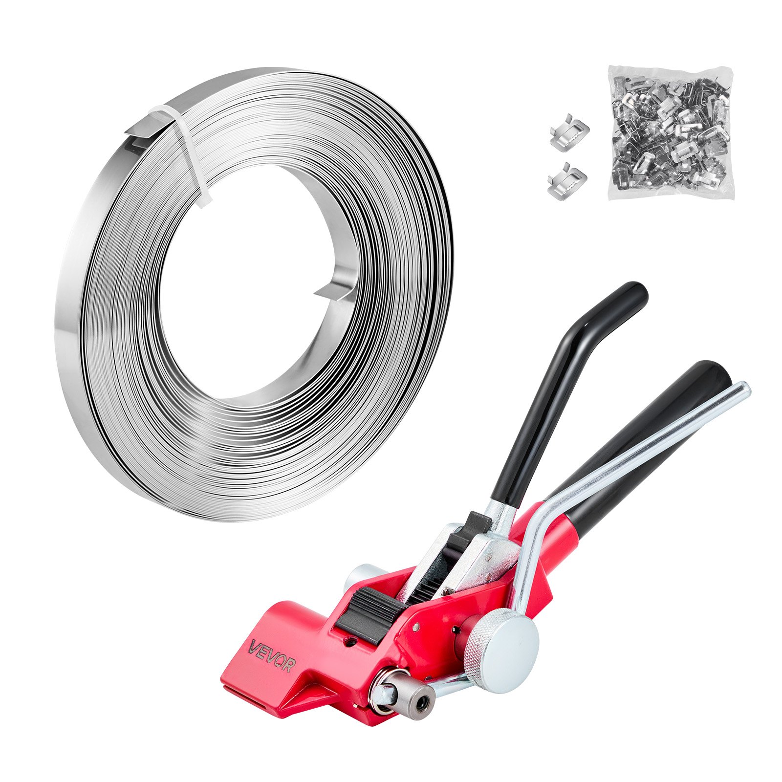 VEVOR 3-delige stalen omsnoeringsset, handmatig omsnoeringsgereedschap met 30,5 m metalen omsnoeringsband, 100 metalen clips en een snijder, perfecte werkplaatsuitrusting voor industriële verpakking, transport en opslag.