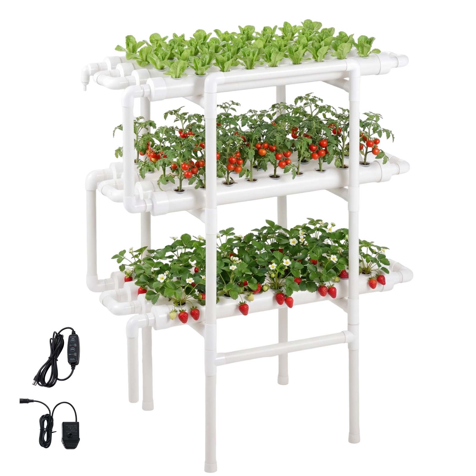 VEVOR Hydroponisch plantensysteem, 3 niveaus, 108 sleuven, UPVC-buizensysteem met timer voor water geven, lichtdichte buizen, geschikt voor het kweken van groenten, fruit en kruiden.