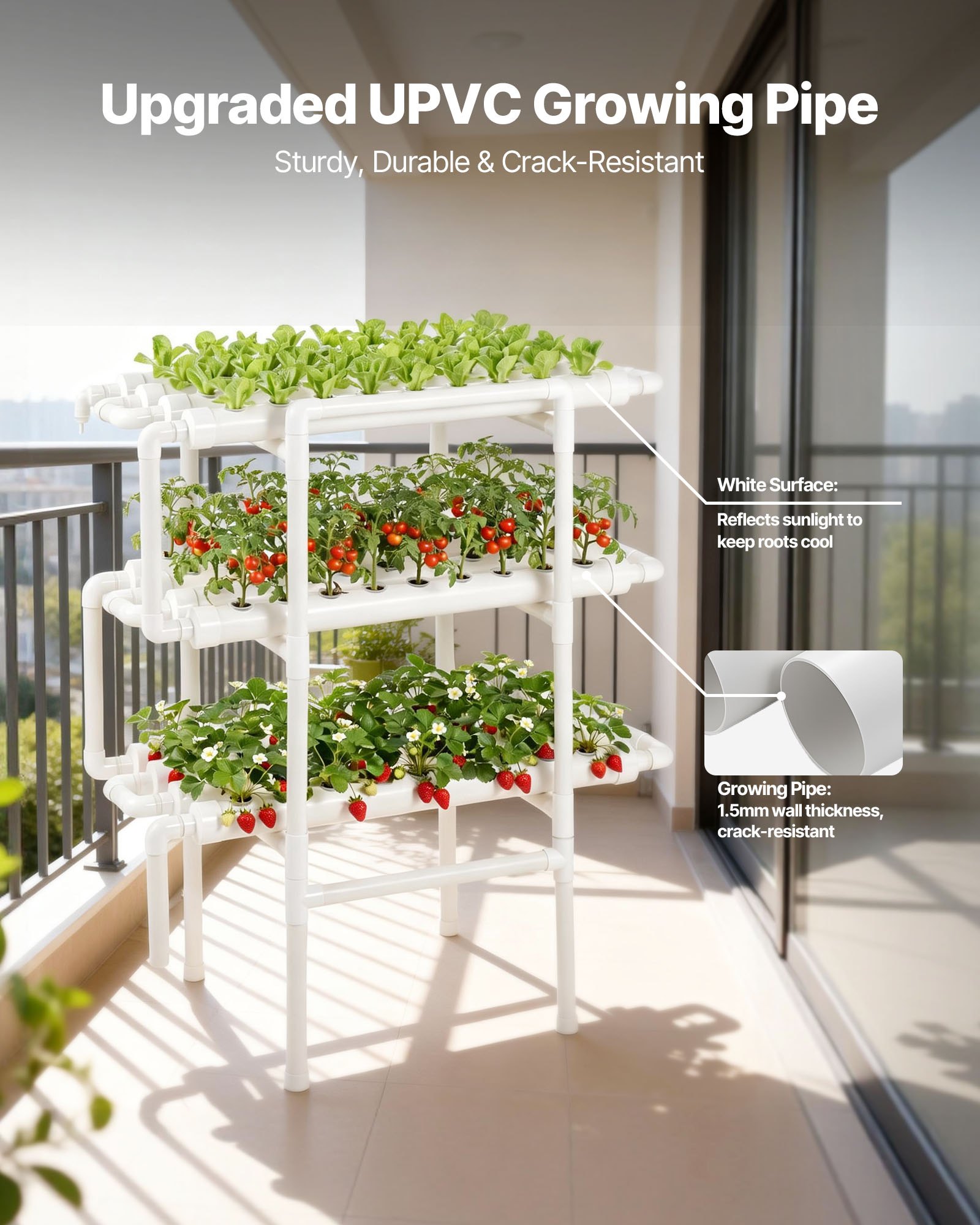 VEVOR Hydroponisch Plantensysteem, 3 Niveaus, 108 Plaatsen, UPVC Buissysteem met Timer, Hydroponische Toren, Kweekset, Hydroponische Kweekset voor Groenten, Fruit & Kruiden, Wit