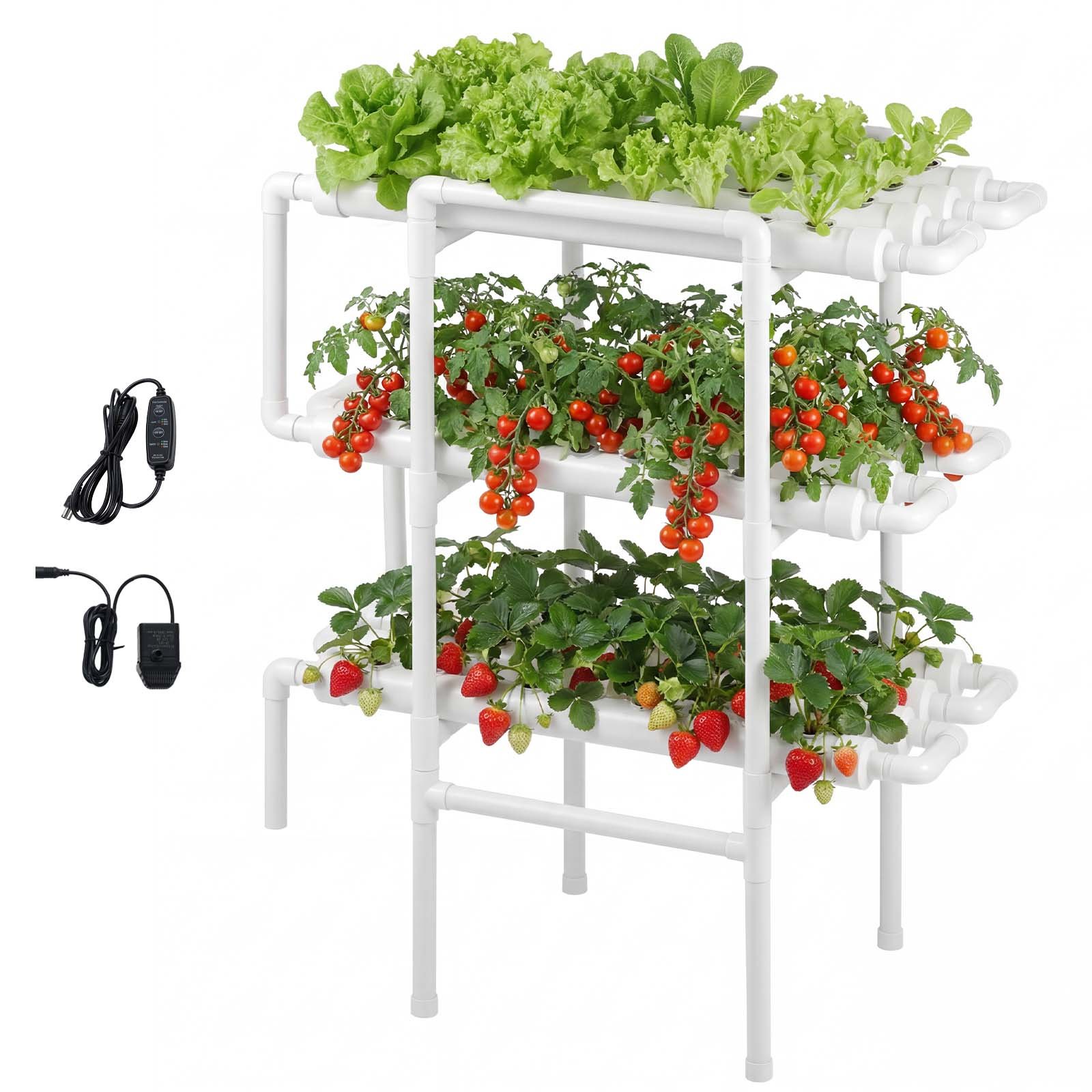 VEVOR Hydroponisch Plantensysteem, 3 Niveaus, 108 Plaatsen, UPVC Buissysteem met Timer, Hydroponische Toren, Kweekset, Hydroponische Kweekset voor Groenten, Fruit & Kruiden, Wit