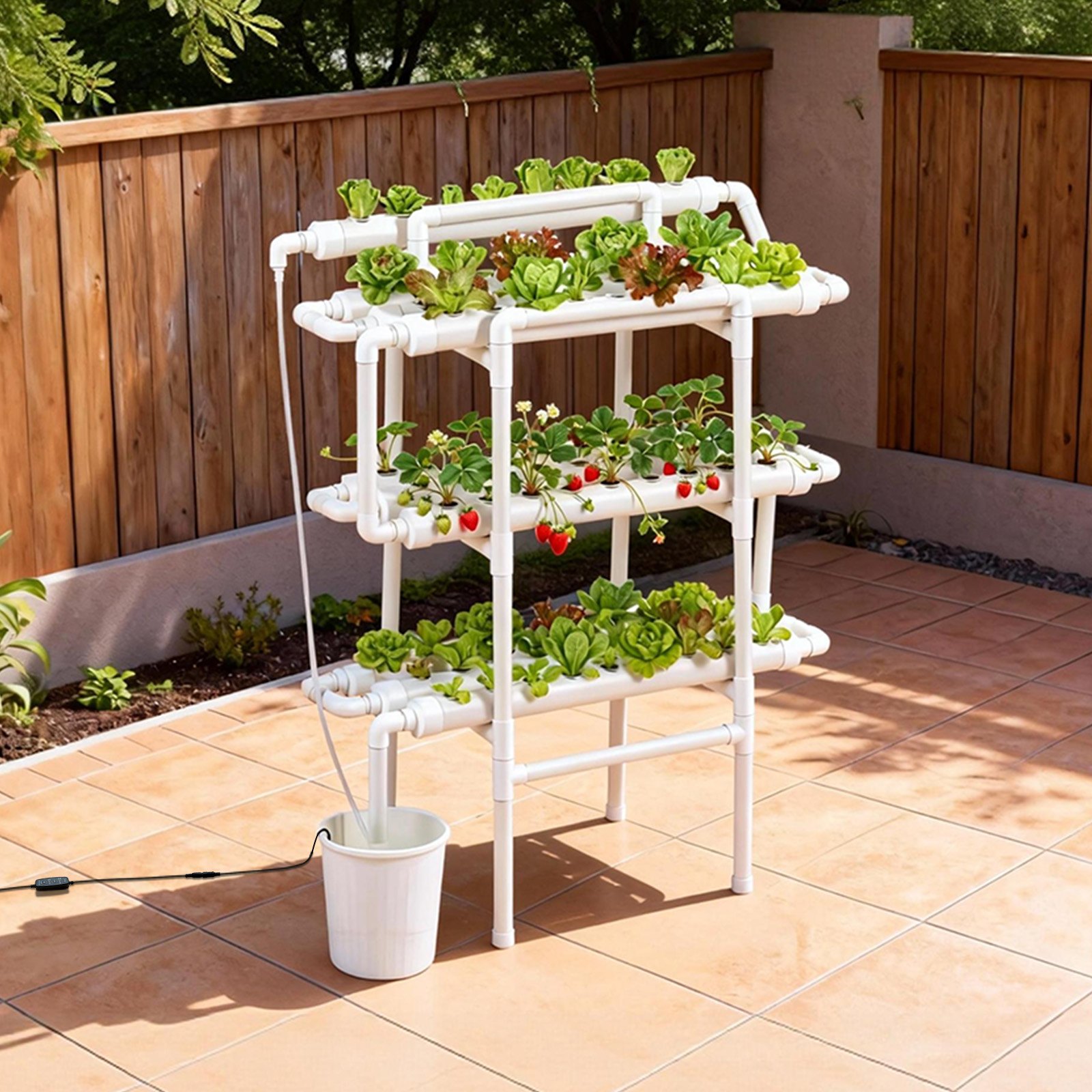 VEVOR Hydroponisch Plantensysteem, 3 Niveaus, 90 Plaatsen, UPVC-buizensysteem met timer voor water geven, lichtdichte buizen, hydroponische toren voor groenten, fruit en kruiden.