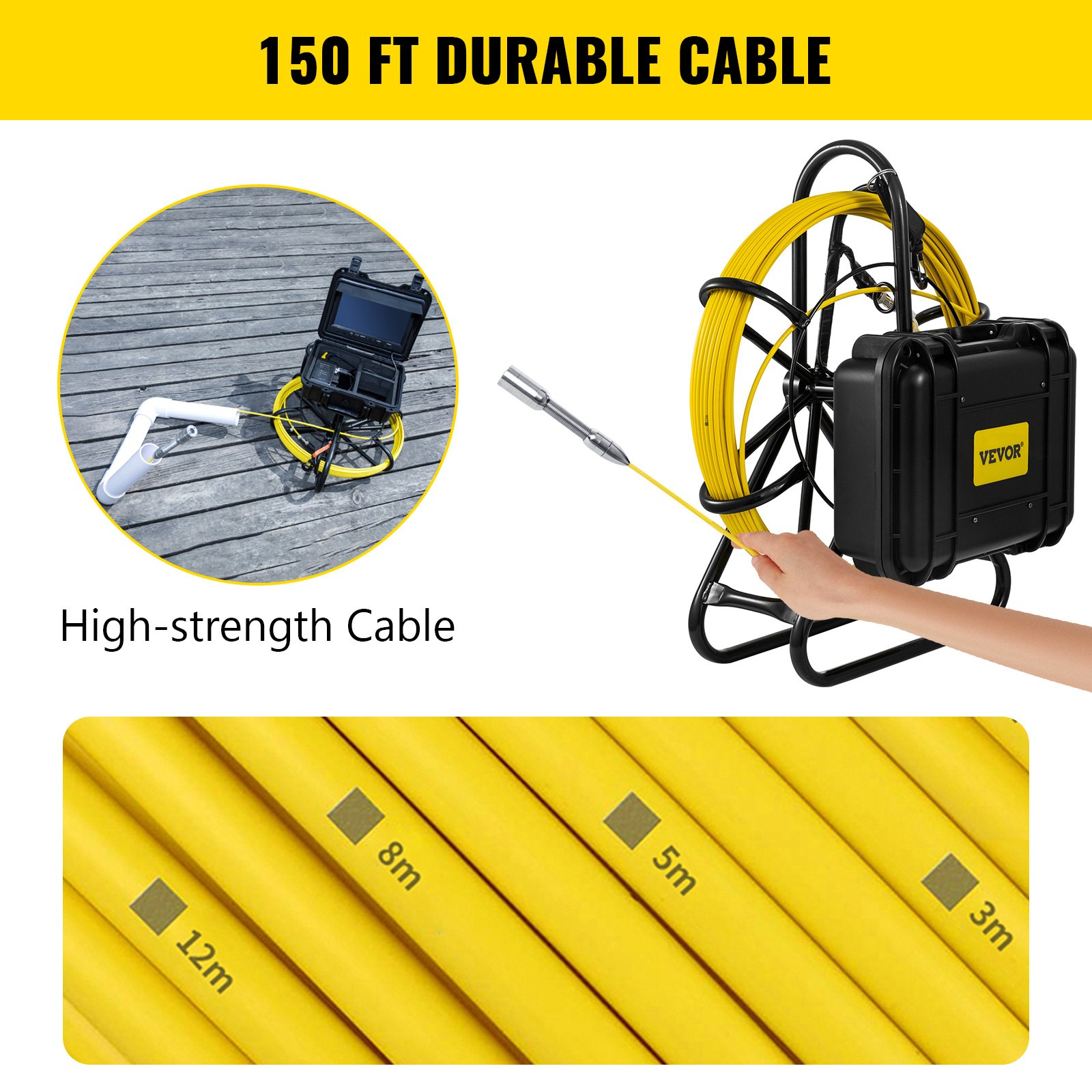 Vevor Industriële Endoscoop Pijp Inspectie Camera 45,6 M Kabel Hd 1200tvl Ip68