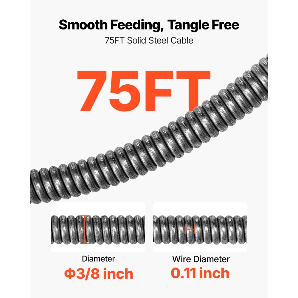 VEVOR pijpreinigingsmachine φ9,5 mm x 22 m, reinigingsspiraal met handmatige invoer, 6 snijgereedschappen en pneumatische voetschakelaar, pijpreiniger voor pijpdiameters van 50 mm tot 100 mm