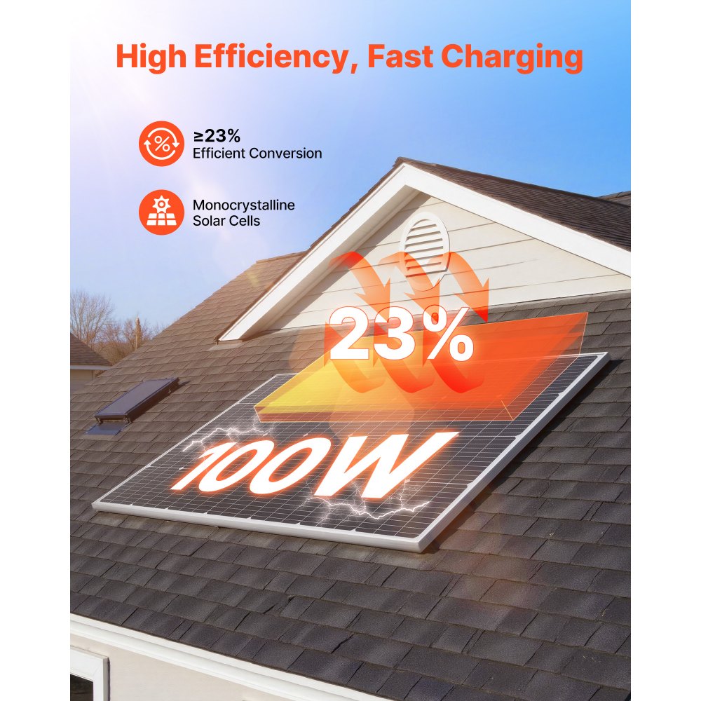 VEVOR Monokristallijne zonnepanelen 100W, PV-module met MC4-uitgangsvermogen en aluminium frame, IP65 waterdicht zonnepaneel, off-grid energiecentrale voor balkons, auto's, boten, campers en platte daken.
