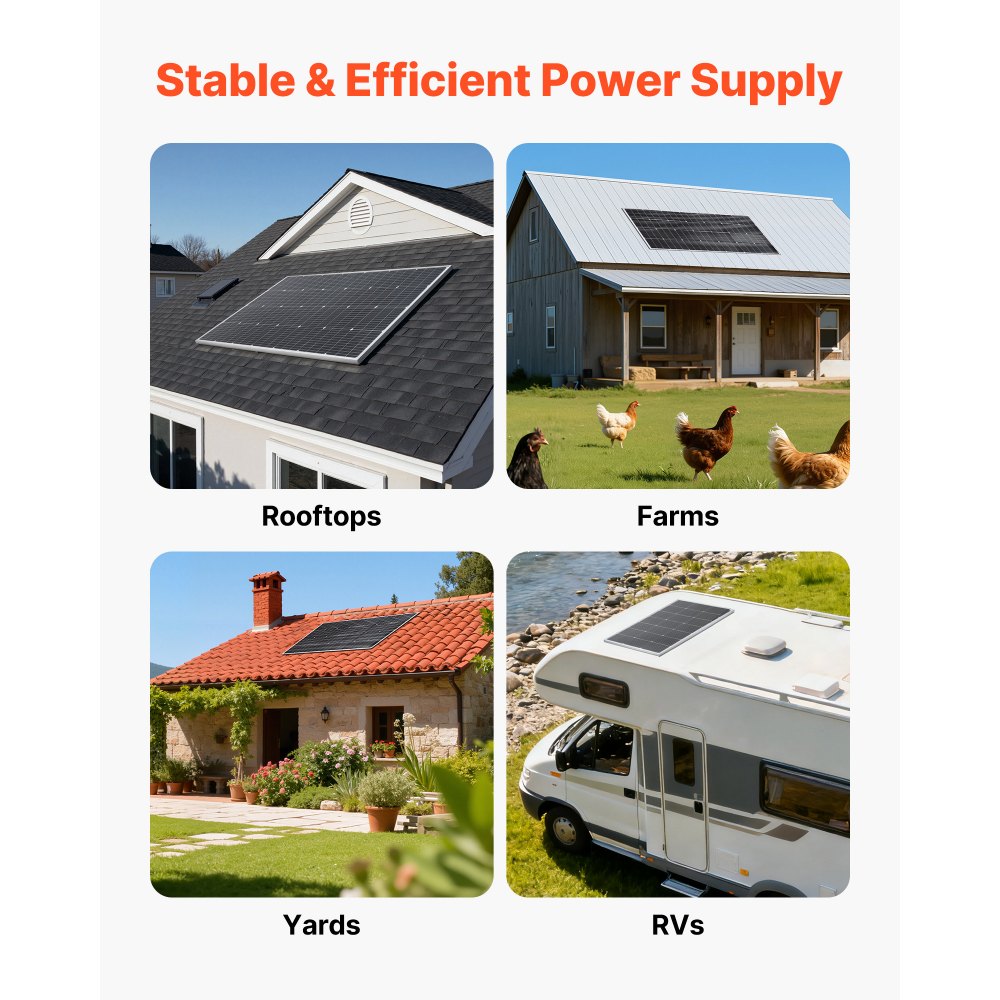 VEVOR Monokristallijne zonnepanelen 200W, zonnepaneel met MC4-uitgangsvermogen en aluminium frame, IP65 waterdichte PV-module, off-grid energiecentrale voor balkons, auto's, boten, campers en platte daken.