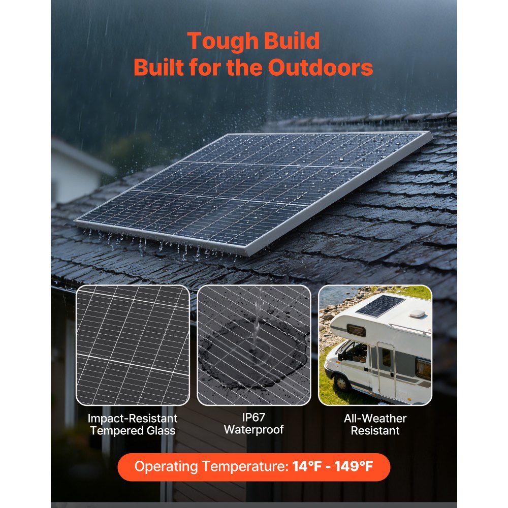 VEVOR Bifaciale zonnepanelen 100W (2 stuks), 23% hoogrendements monokristallijne N-type PV-module met MC4-uitgang en aluminium frame, IP67 waterdicht zonnepaneel voor auto, boot, camper en off-grid toepassingen.