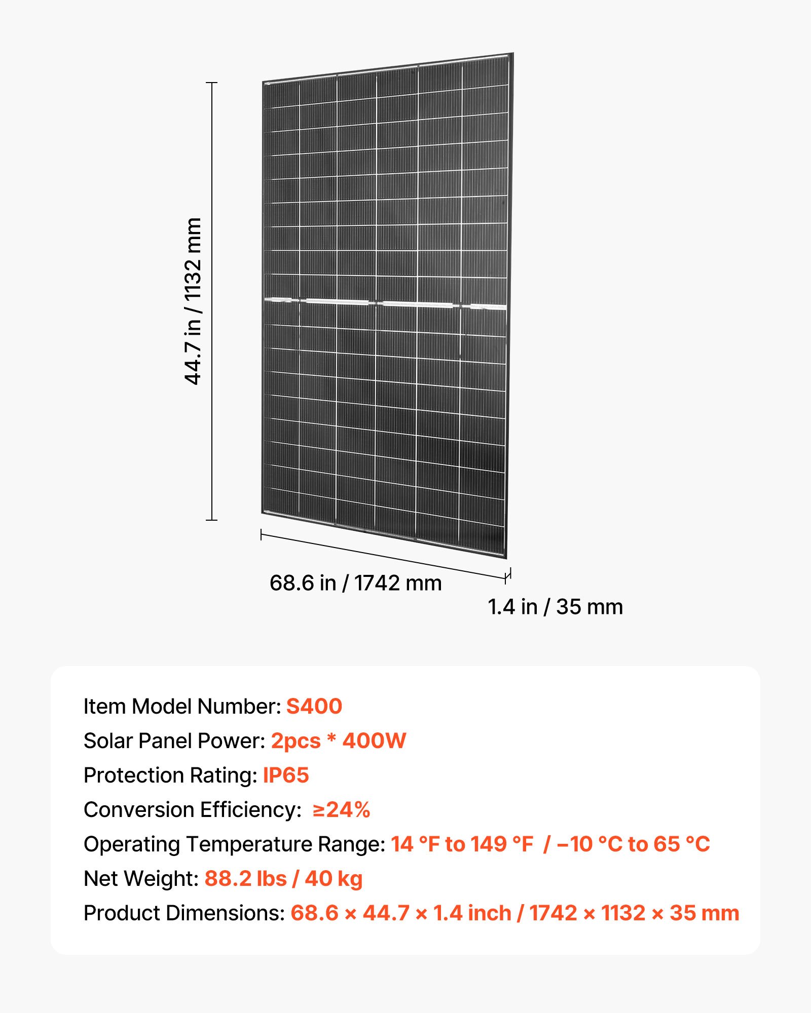 VEVOR Bifaciale Zonnepanelen 2 stuks 400W, 16BB N-type Monokristallijne PV-module 24% rendement, IP65 waterdicht zonnepaneel met MC4-uitgang en aluminium frame voor auto, boot, camper, off-grid toepassingen