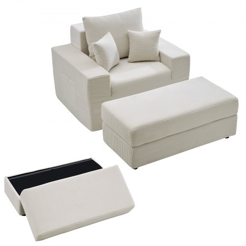 VEVOR Chaise Longue 1115 mm, modulaire bank voor de lounge zonder steunpoten, extra grote corduroy leesstoel met kussens, armleuningen en diepe zitting, loungestoel voor woonkamer en slaapkamer, beige