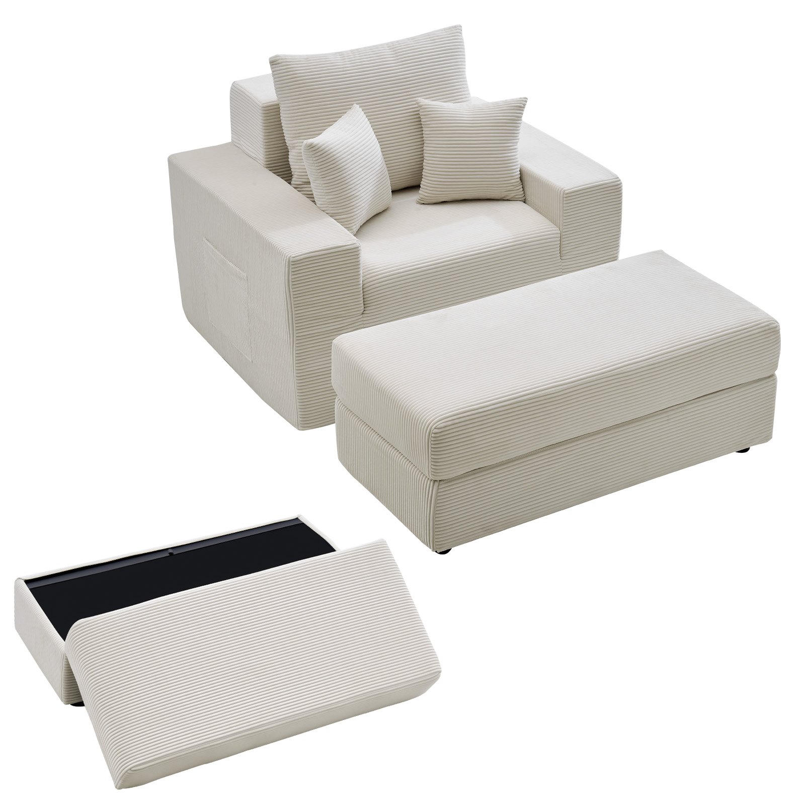 VEVOR Chaise Longue 1115 mm, modulaire bank voor de lounge zonder steunpoten, extra grote corduroy leesstoel met kussens, armleuningen en diepe zitting, loungestoel voor woonkamer en slaapkamer, beige