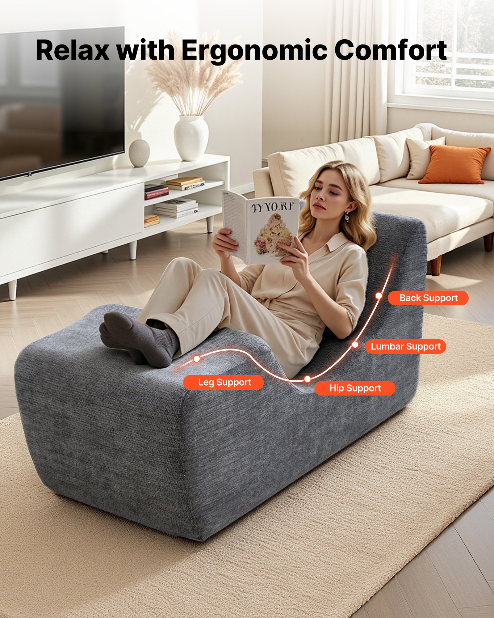 VEVOR Yoga Chair Chaise, Ergonomic Chaise Lounge Chair for Yoga, Modern Boneless Curved Foam Lounge Indoor for Massage, Stretching, Relaxation, Exercise, Used in Living Room, Bedroom, Balcony, Grey