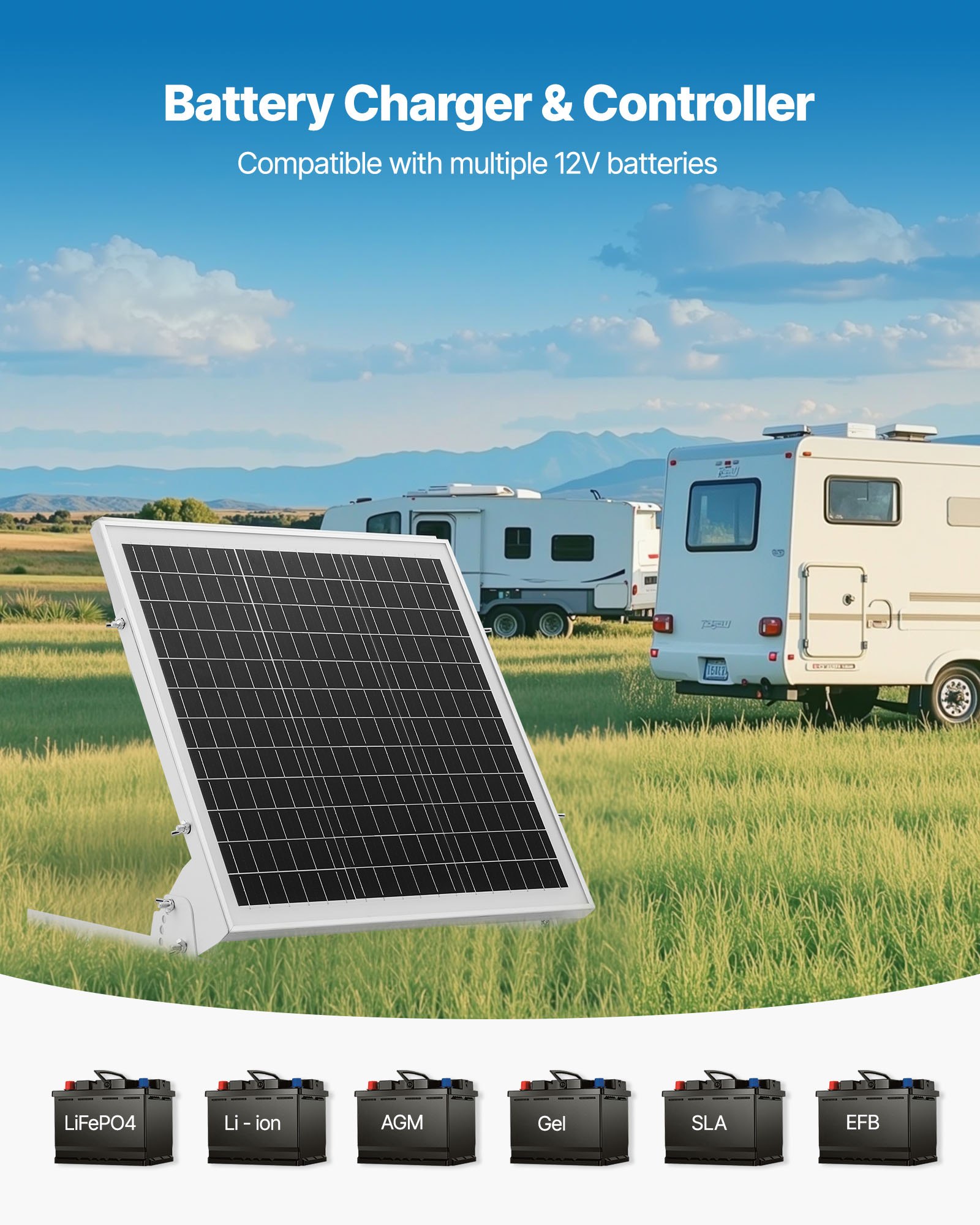 VEVOR 12V monokristallijn zonnepaneelset 20W, acculader met ingebouwde MPPT-regelaar en verstelbare montagebeugel, IP65 waterdicht voor auto, boot, camper, aanhanger en huisdak