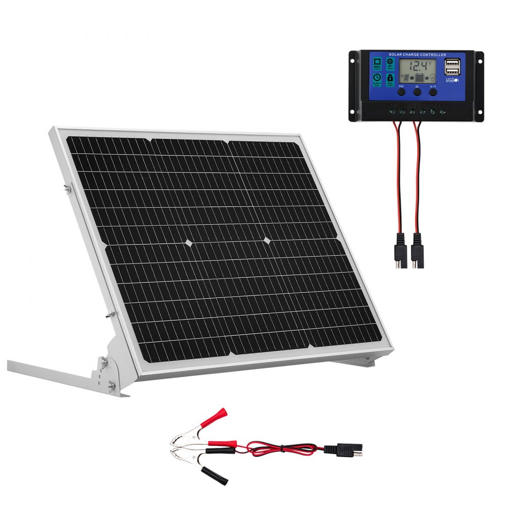 VEVOR 12V monokristallijn zonnepaneelset 50W, acculader met geüpgradede MPPT-controller en verstelbare montagebeugel, IP65 waterdicht voor auto, boot, camper, aanhanger en huisdak