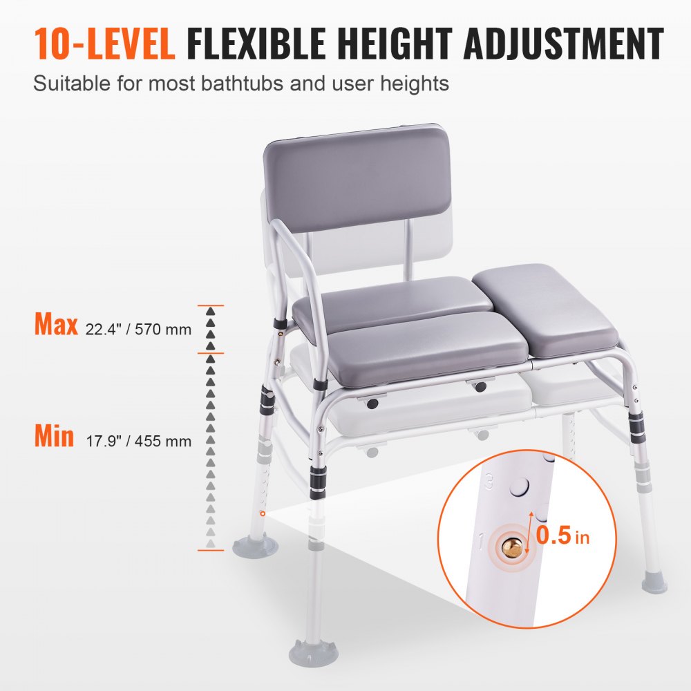 VEVOR Tub Transfer Bench for Bathtub 500lbs, Shower Seats for Adults, Lightweight Shower Bench for Elderly and Disabled with Padded Seat,  Non-Slip Bath Seats with Armrest and Reversible Backrest