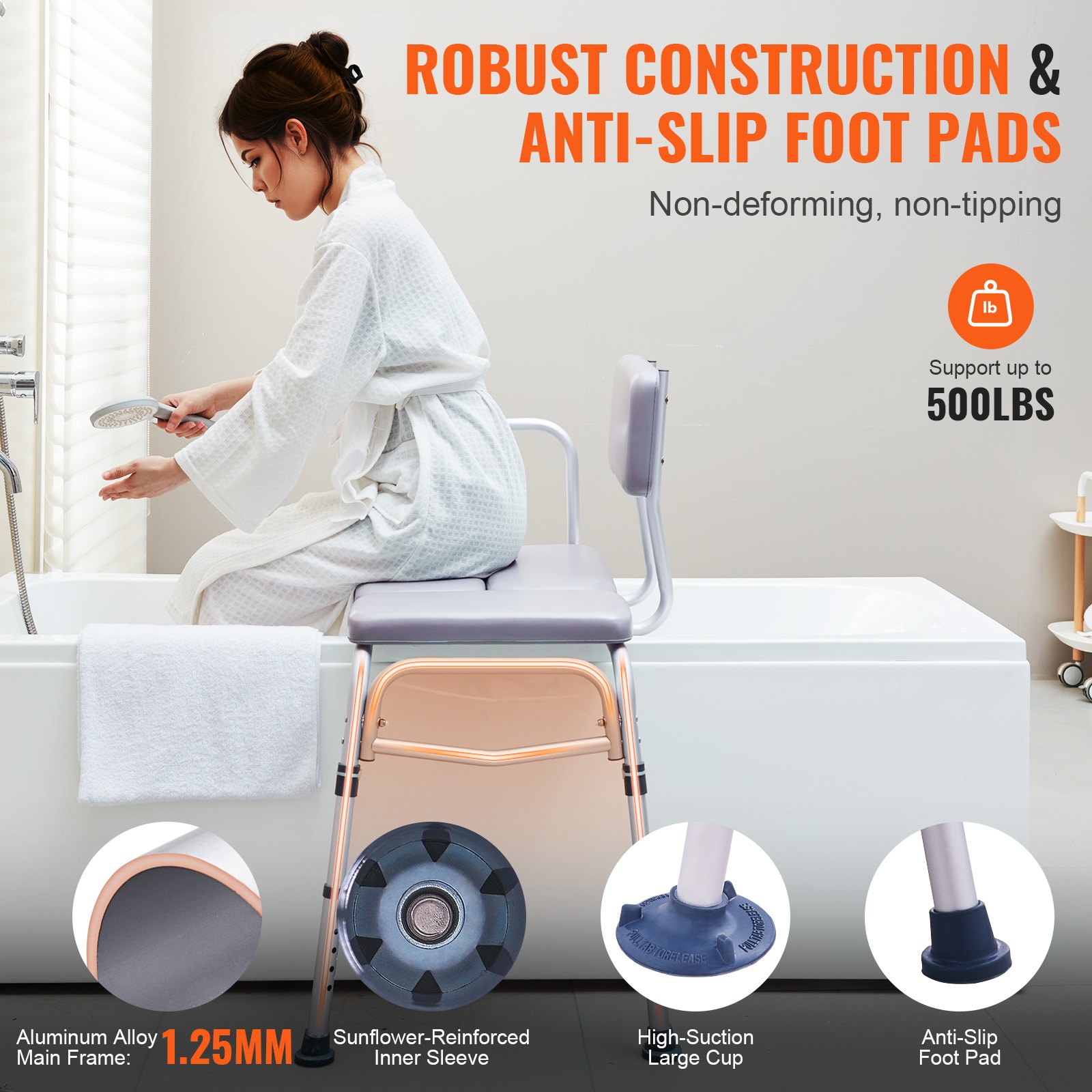 VEVOR Tub Transfer Bench for Bathtub 500lbs, Shower Seats for Adults, Lightweight Shower Bench for Elderly and Disabled with Padded Seat,  Non-Slip Bath Seats with Armrest and Reversible Backrest