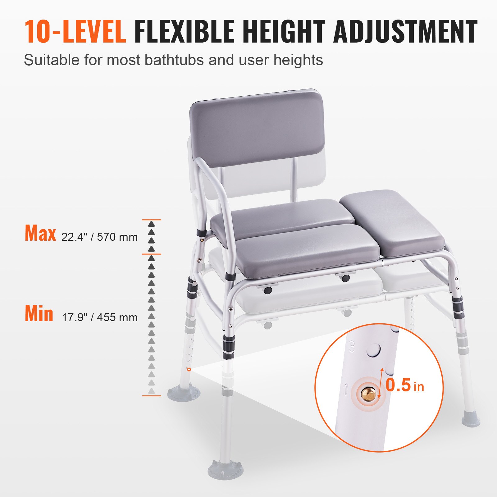 VEVOR Tub Transfer Bench for Bathtub 500lbs, Shower Seats for Adults, Lightweight Shower Bench for Elderly and Disabled with Padded Seat,  Non-Slip Bath Seats with Armrest and Reversible Backrest