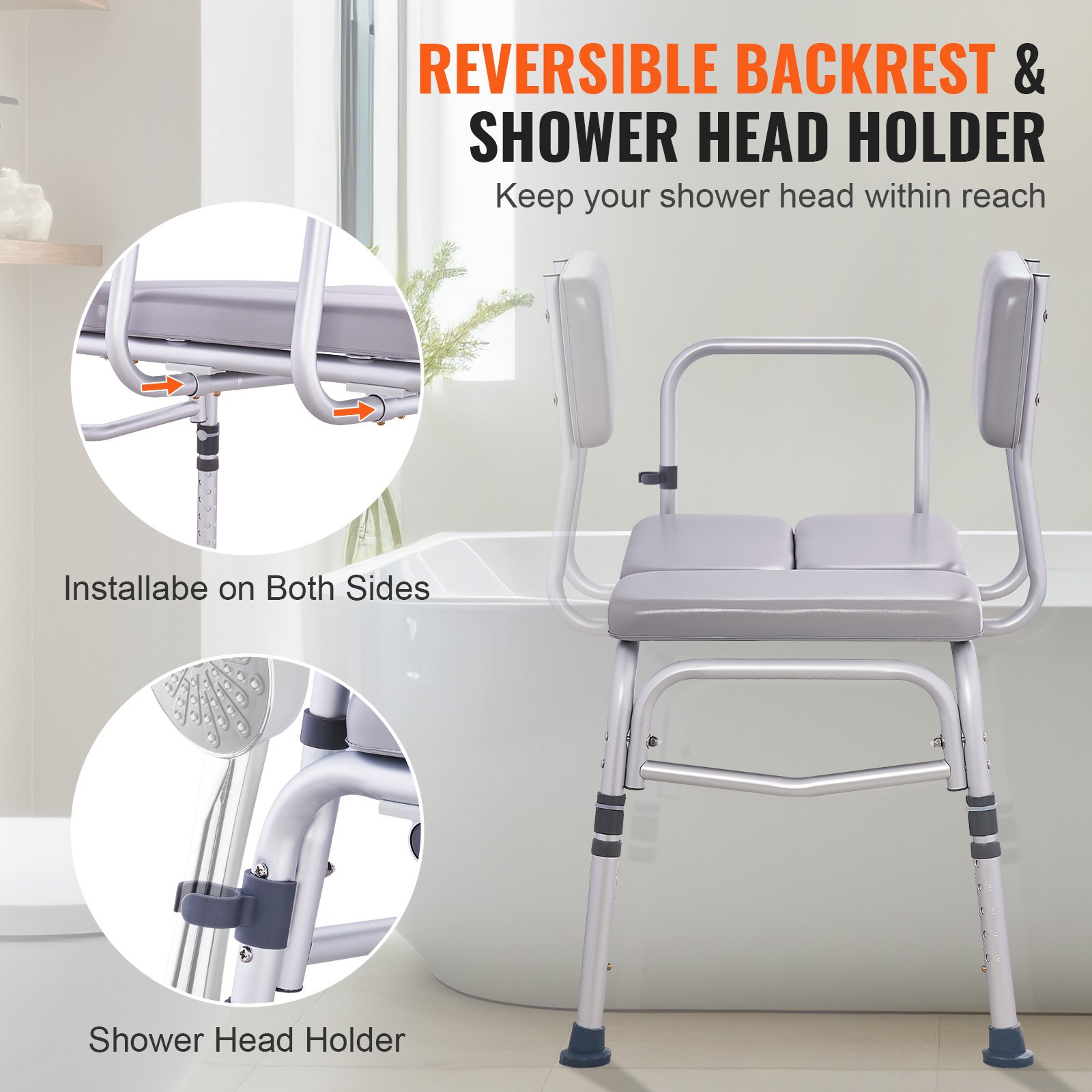 VEVOR Tub Transfer Bench for Bathtub 500lbs, Shower Seats for Adults, Lightweight Shower Bench for Elderly and Disabled with Padded Seat,  Non-Slip Bath Seats with Armrest and Reversible Backrest