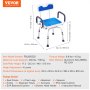 VEVOR shower chair features blue seat and backrest, adjustable height, and sturdy armrests for safety.