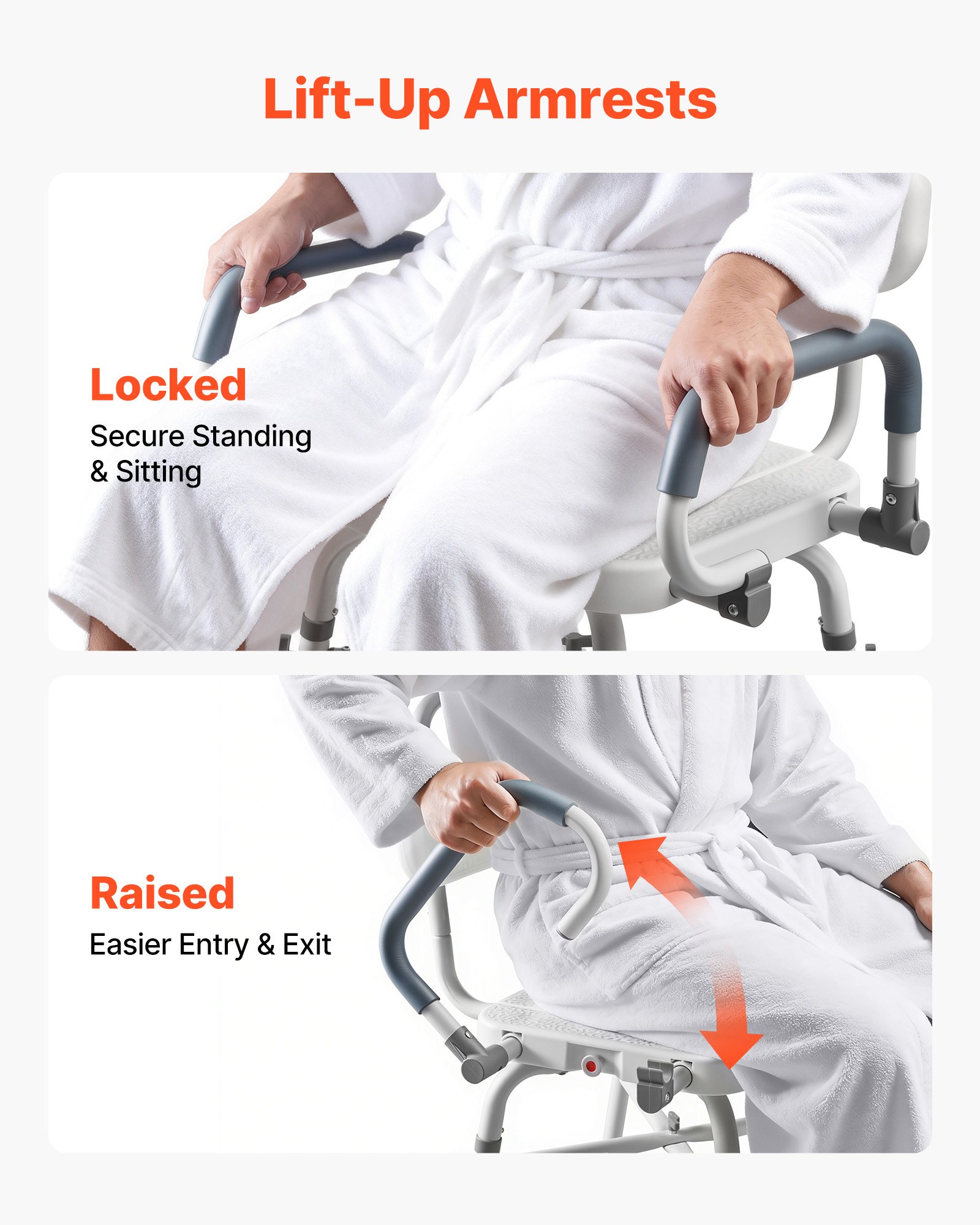 VEVOR draaibare douchestoel met armleuningen en rugleuning, draagvermogen tot 227 kg, draaibare badstoel voor douchecabine, in hoogte verstelbare badstoel voor senioren en mensen met een beperking