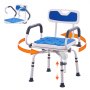 adjustable VEVOR shower chair with rotatable seat, padded backrest, and armrests for comfort in blue.