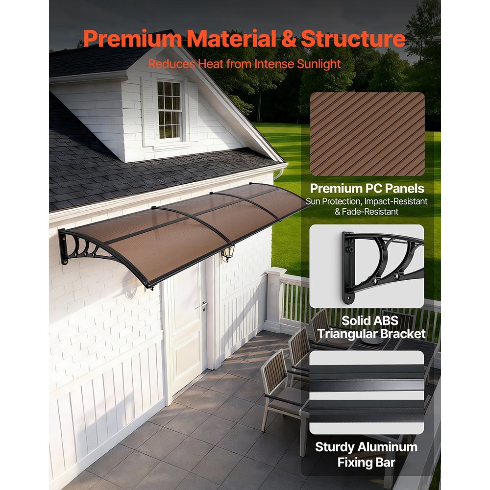 VEVOR Awnings for Door Entrance, 38 x 117 in, Exterior Front Door Window Awnings with Drainage & ABS Bracket, Rain Snow Sun Protection, Overhang Polycarbonate Door Canopy for Porch Patio, Brown
