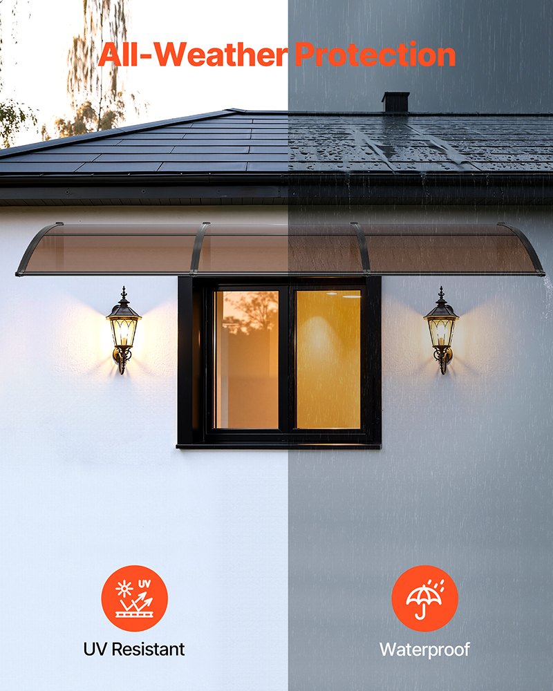 VEVOR Awnings for Door Entrance, 38 x 117 in, Exterior Front Door Window Awnings with Drainage & ABS Bracket, Rain Snow Sun Protection, Overhang Polycarbonate Door Canopy for Porch Patio, Brown