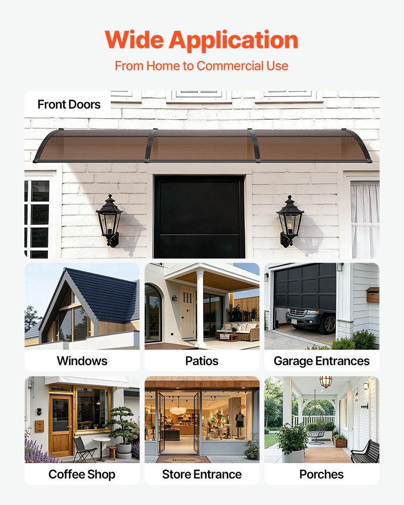 VEVOR Awnings for Door Entrance, 38 x 117 in, Exterior Front Door Window Awnings with Drainage & ABS Bracket, Rain Snow Sun Protection, Overhang Polycarbonate Door Canopy for Porch Patio, Brown