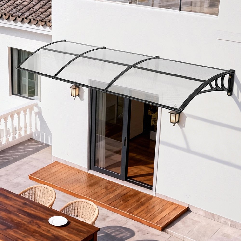 VEVOR luifel voor voordeur 965x2975 mm, aanbouwluifel, aanbouwluifel met afwatering en ABS-beugel, bescherming tegen regen, sneeuw en zon, polycarbonaat dakbedekking voor veranda en terras, transparant