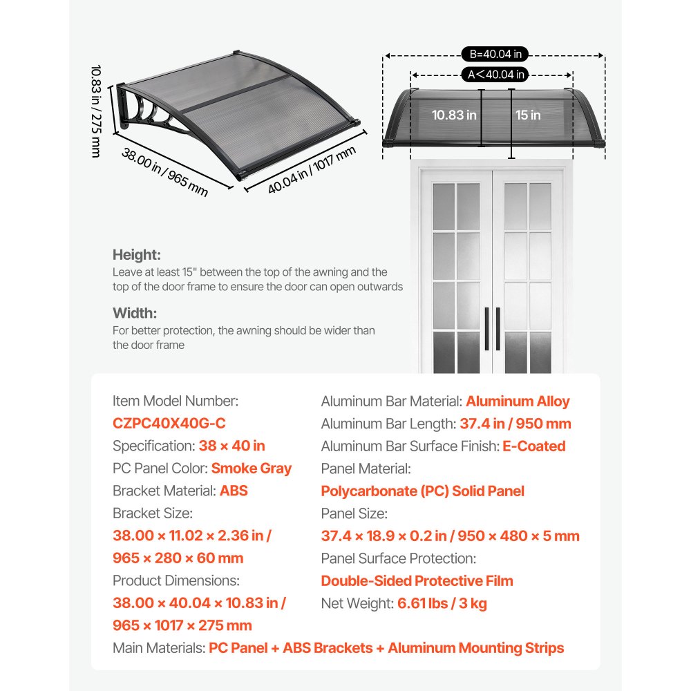 VEVOR Voordeurluifel, 965x1017 mm, Aanbouwluifel, Dak met Afwatering & ABS-beugel, Bescherming tegen Regen, Sneeuw & Zon, Polycarbonaat Deurdak voor Veranda & Terras, Rookgrijs