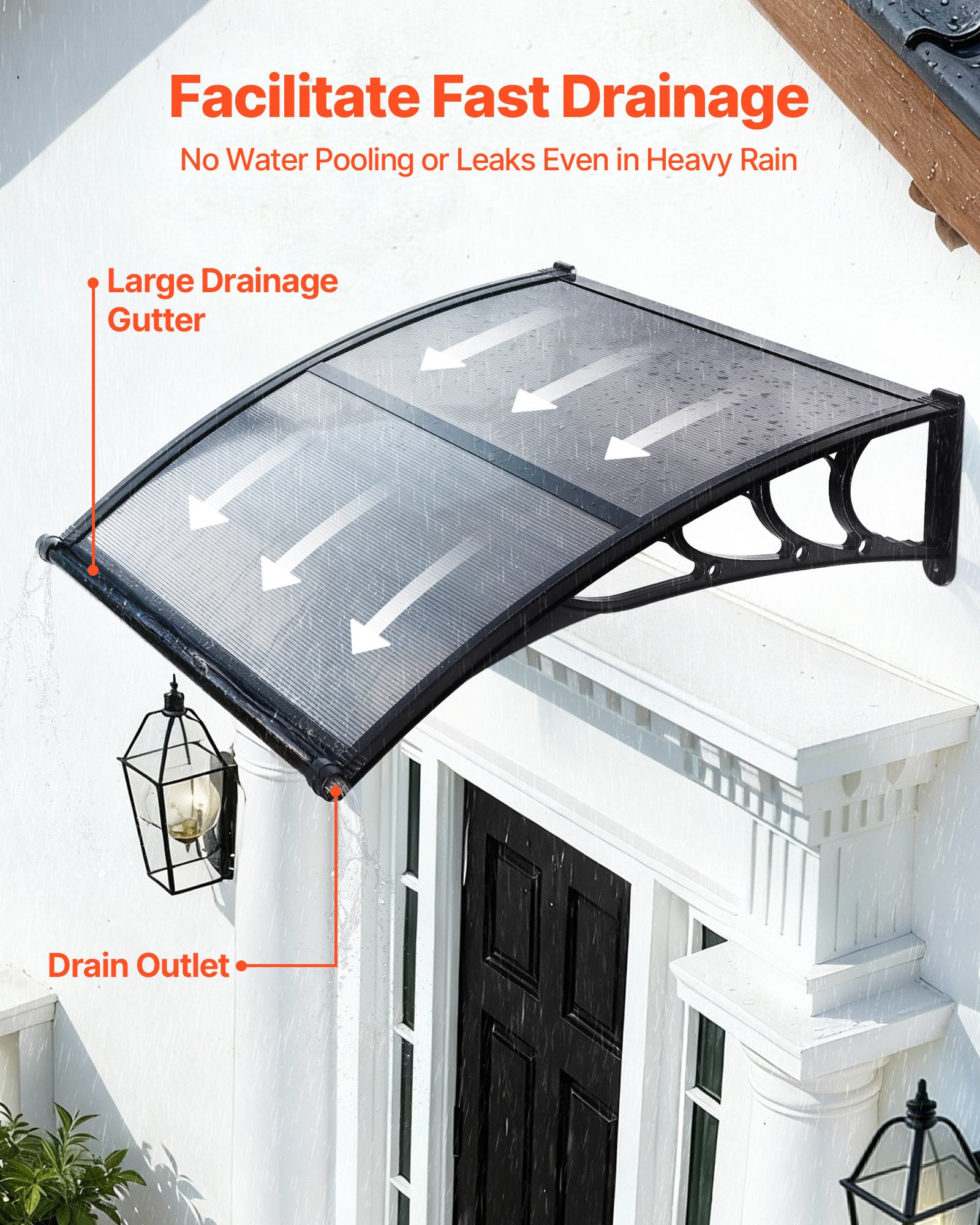 VEVOR Voordeurluifel, 965x1017 mm, Aanbouwluifel, Dak met Afwatering & ABS-beugel, Bescherming tegen Regen, Sneeuw & Zon, Polycarbonaat Deurdak voor Veranda & Terras, Rookgrijs