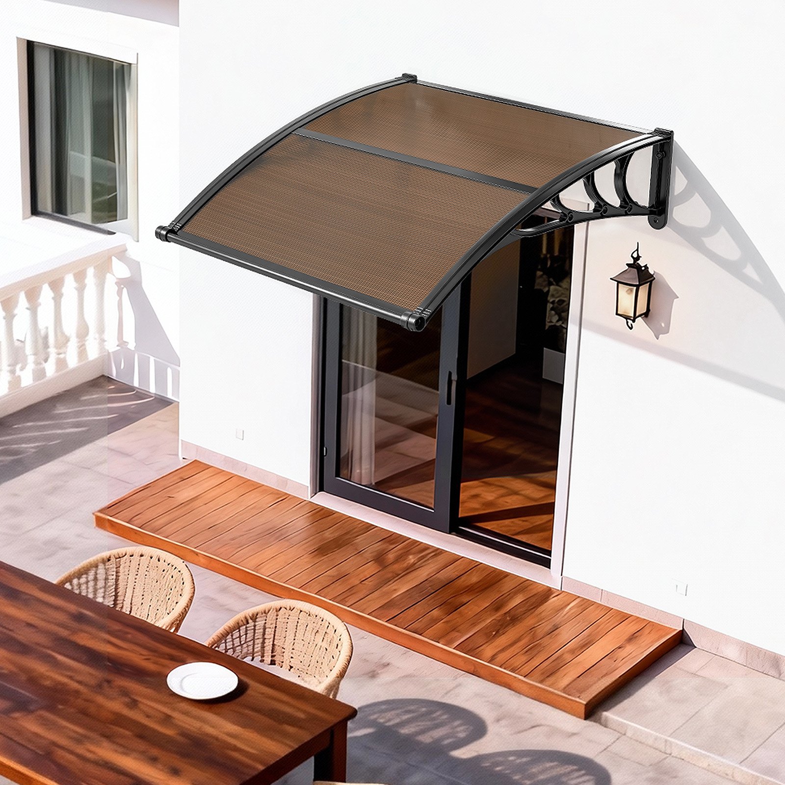 VEVOR luifel voor voordeur 965x1017 mm, aanbouwluifel, aanbouwluifel met afwatering en ABS-beugel, bescherming tegen regen, sneeuw en zon, polycarbonaat deurafdekking voor veranda en terras, bruin