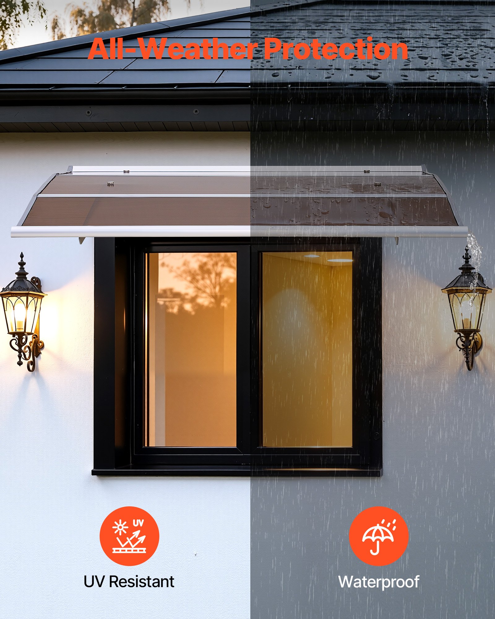 VEVOR Awnings for Door Entrance, 37 x 47 in, Exterior Front Door Window Awnings with Drainage & ABS Bracket, Rain Snow Sun Protection, Overhang Polycarbonate Door Canopy for Porch Patio, Brown