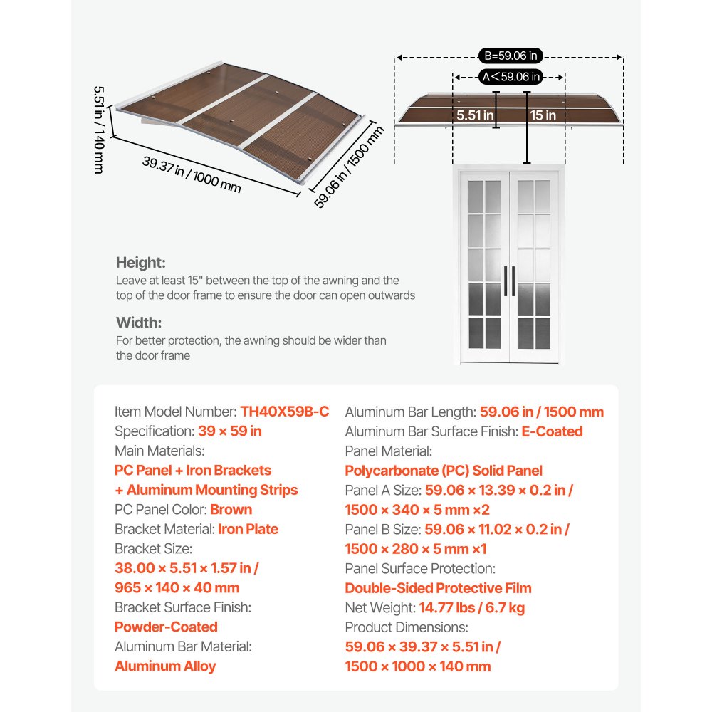 VEVOR Afdak voor Voordeur 150x100 cm, Aanbouwluifel, Aanbouwluifel met Afwatering & Metalen Beugels, Bescherming tegen Regen, Sneeuw & Zon, Polycarbonaat Deurluifel voor Veranda & Terras, Bruin
