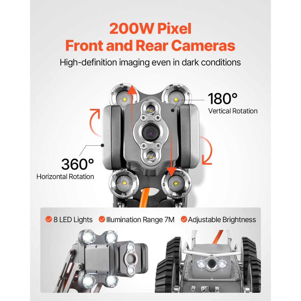 VEVOR inspectierobot, 120 meter lange kruiprobot voor pijpleidingdetectie met 2 MP camera aan de voor- en achterkant en touchscreen tablet, IP68 pijpleidingcamera met verlichting en afstandsmeter voor industriële pijpleidingen